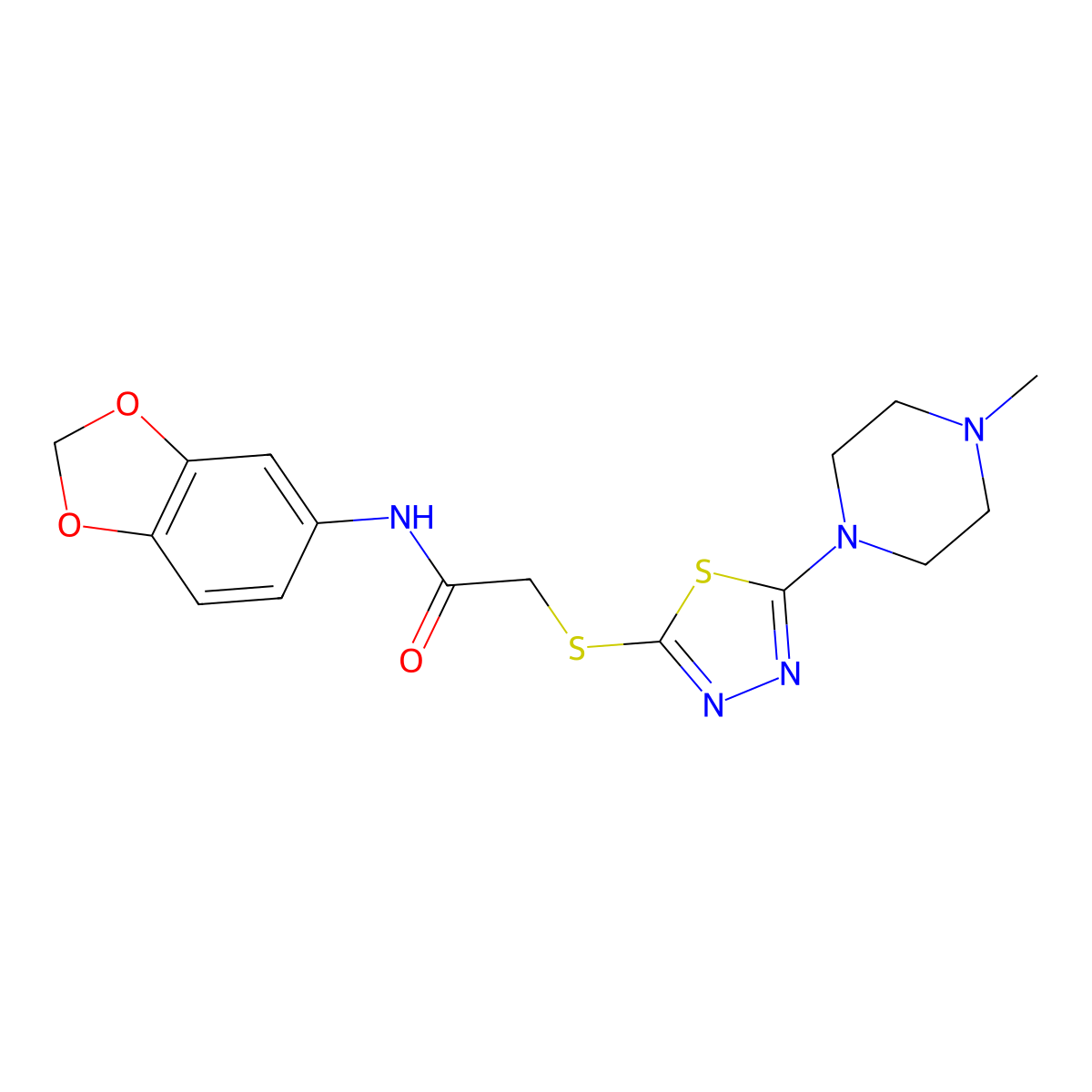 N-(benzo[d][1,3]dioxol-5-yl)-2-((5-(4-methylpiperazin-1-yl)-1,3,4-thiadiazol-2-yl)thio)acetamide molecular structure, CAS 1105220-41-4