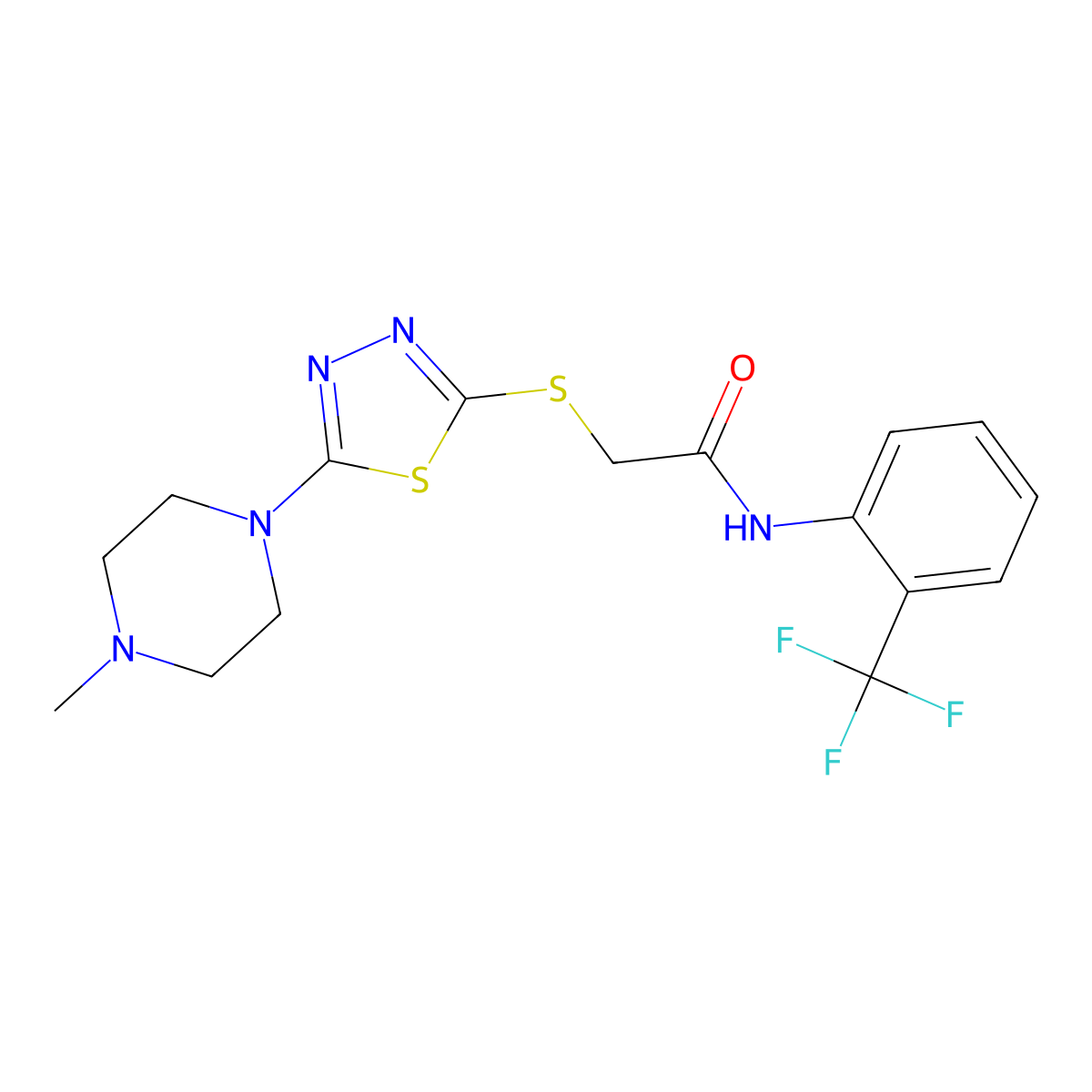2-((5-(4-methylpiperazin-1-yl)-1,3,4-thiadiazol-2-yl)thio)-N-(2-(trifluoromethyl)phenyl)acetamide molecular structure, CAS 1105220-48-1