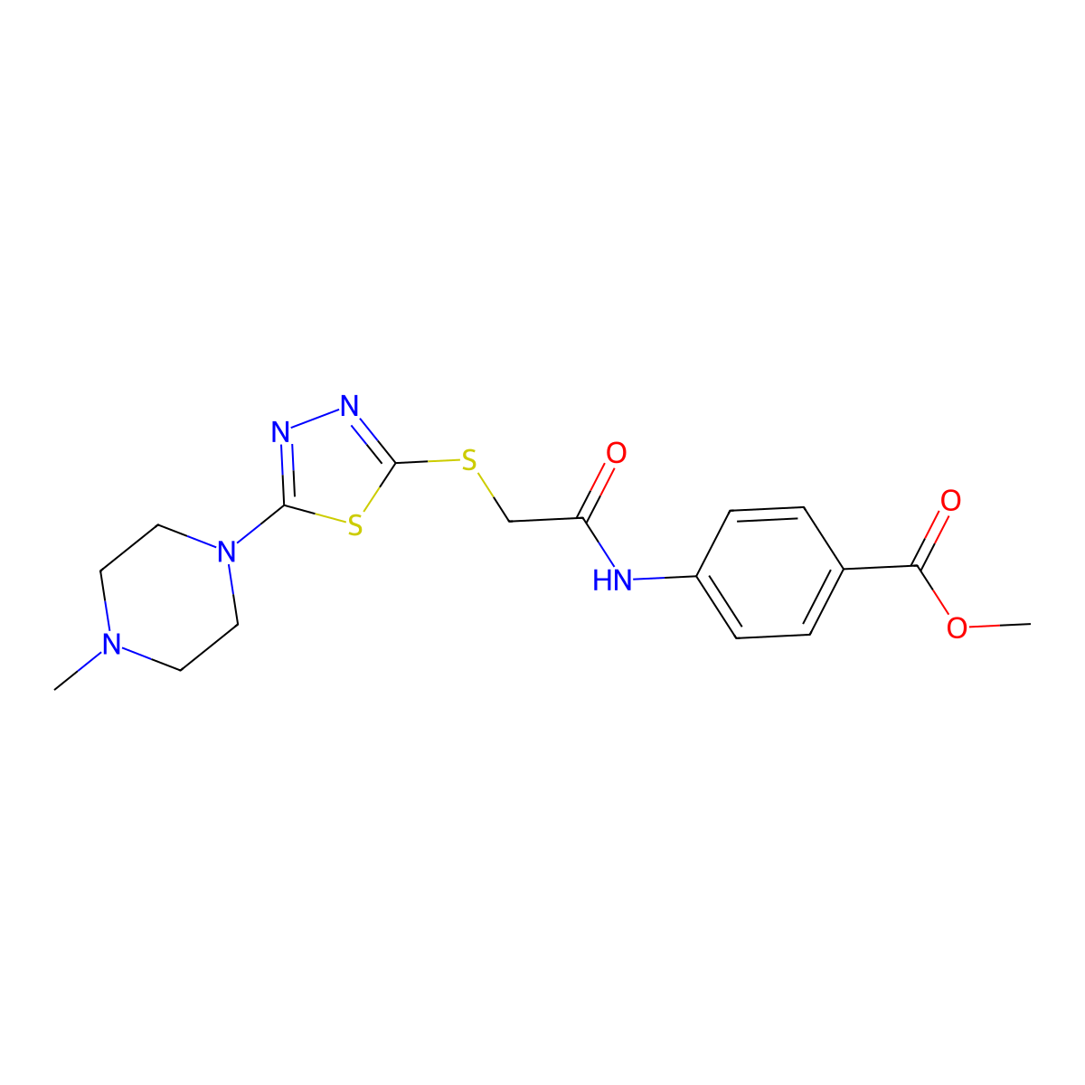 Methyl 4-(2-((5-(4-methylpiperazin-1-yl)-1,3,4-thiadiazol-2-yl)thio)acetamido)benzoate molecular structure, CAS 1105220-62-9