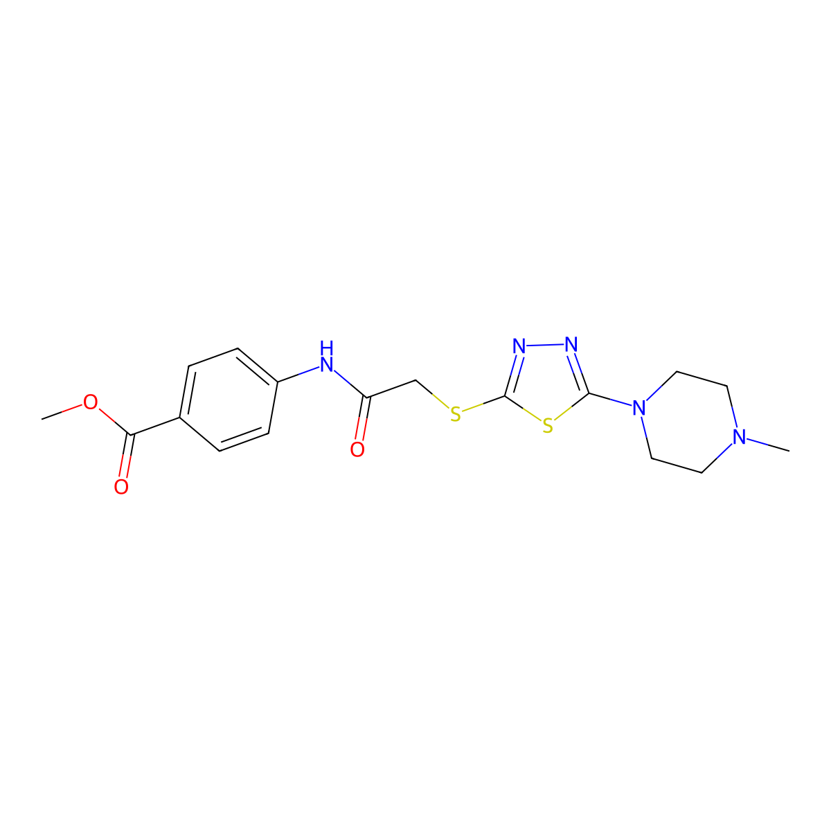 Methyl 4-(2-((5-(4-methylpiperazin-1-yl)-1,3,4-thiadiazol-2-yl)thio)acetamido)benzoate molecular structure, CAS 1105220-62-9