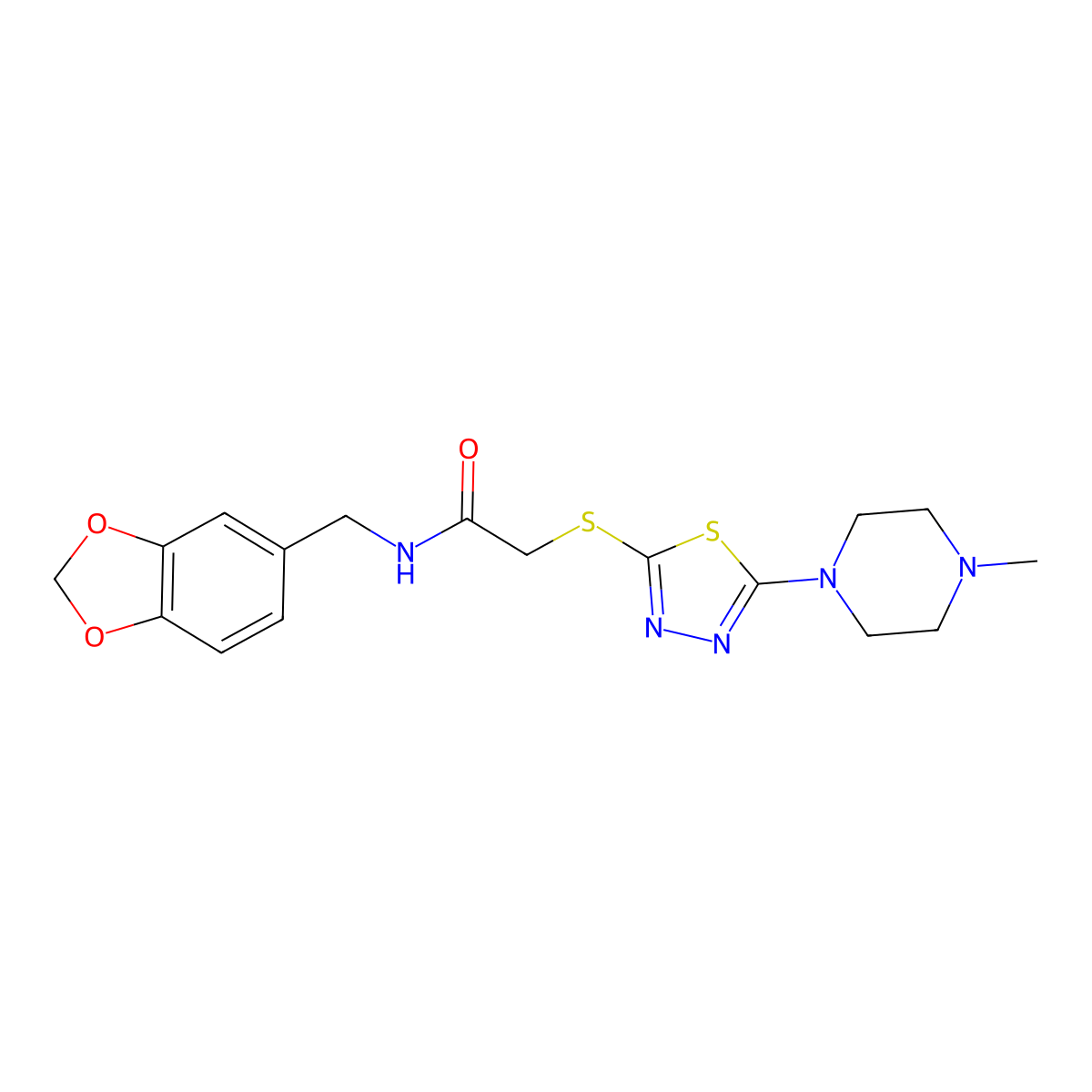 N-(benzo[d][1,3]dioxol-5-ylmethyl)-2-((5-(4-methylpiperazin-1-yl)-1,3,4-thiadiazol-2-yl)thio)acetamide molecular structure, CAS 1105220-69-6