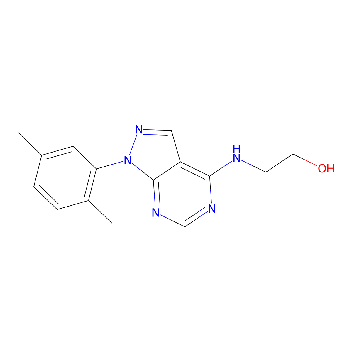 2-((1-(2,5-dimethylphenyl)-1H-pyrazolo[3,4-d]pyrimidin-4-yl)amino)ethanol molecular structure, CAS 1105221-00-8