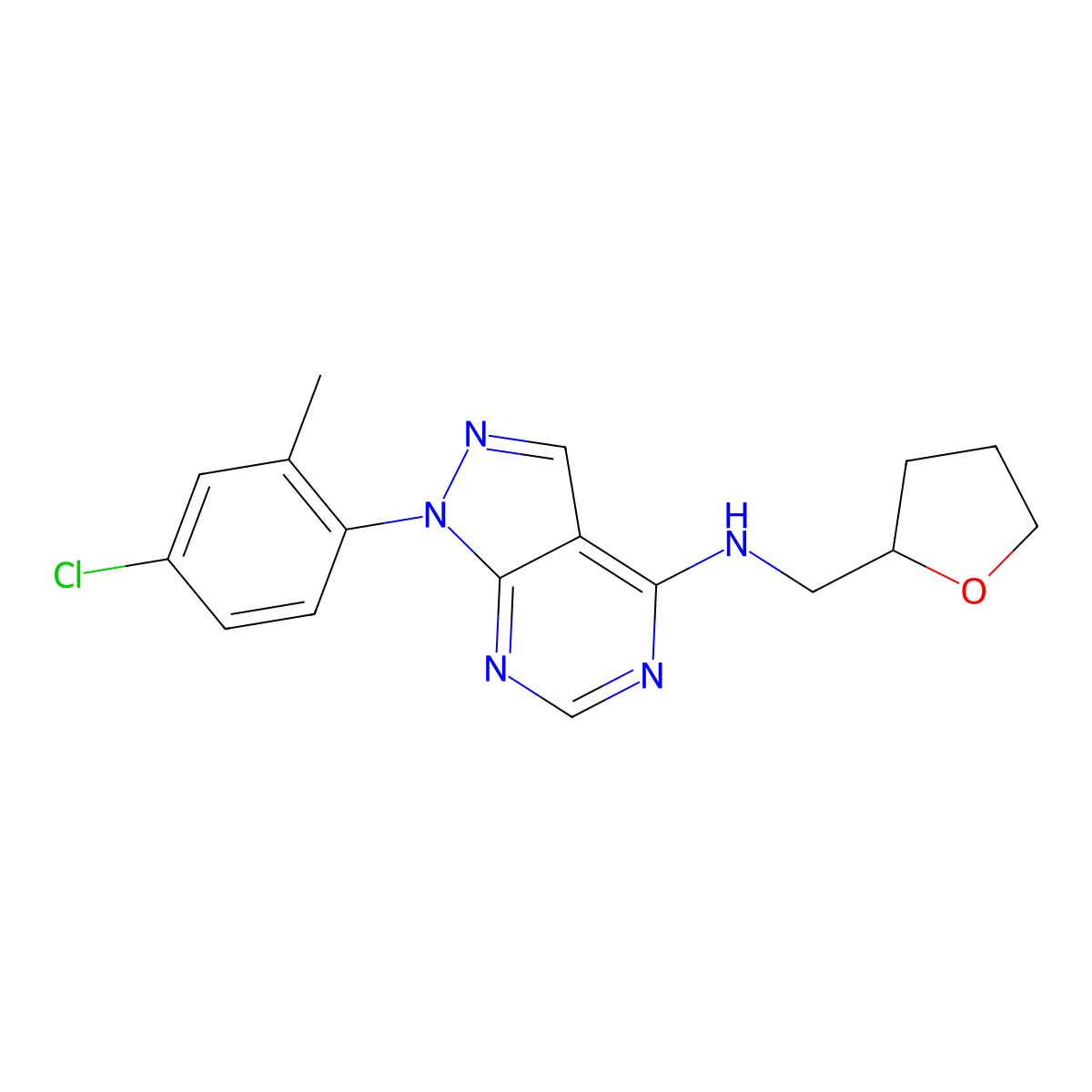 1-(4-chloro-2-methylphenyl)-N-((tetrahydrofuran-2-yl)methyl)-1H-pyrazolo[3,4-d]pyrimidin-4-amine molecular structure, CAS 1105221-07-5