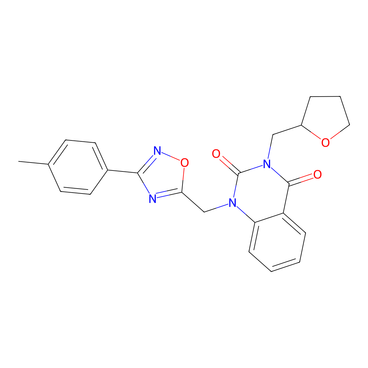 3-((tetrahydrofuran-2-yl)methyl)-1-((3-(p-tolyl)-1,2,4-oxadiazol-5-yl)methyl)quinazoline-2,4(1H,3H)-dione molecular structure, CAS 1105221-44-0