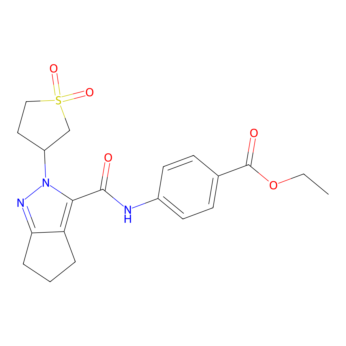 Ethyl 4-(2-(1,1-dioxidotetrahydrothiophen-3-yl)-2,4,5,6-tetrahydrocyclopenta[c]pyrazole-3-carboxamido)benzoate molecular structure, CAS 1105221-50-8