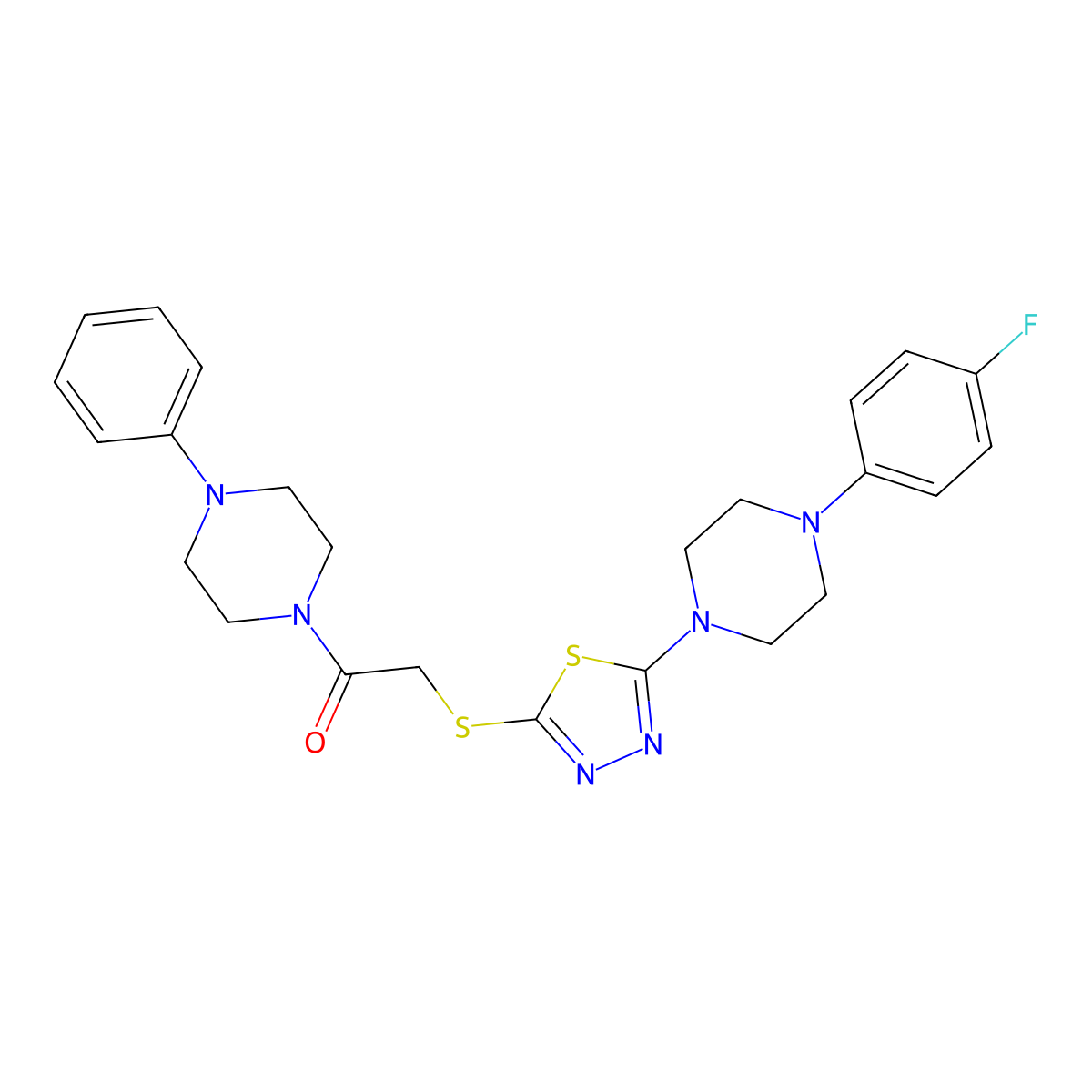 2-((5-(4-(4-Fluorophenyl)piperazin-1-yl)-1,3,4-thiadiazol-2-yl)thio)-1-(4-phenylpiperazin-1-yl)ethanone molecular structure, CAS 1105221-52-0