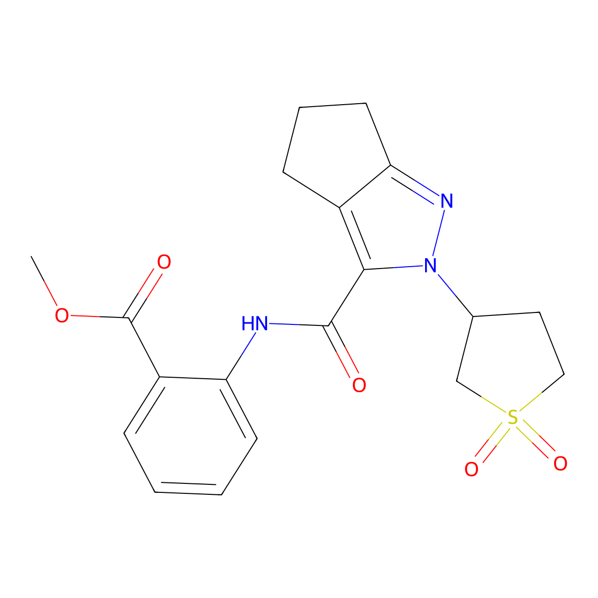 Methyl 2-(2-(1,1-dioxidotetrahydrothiophen-3-yl)-2,4,5,6-tetrahydrocyclopenta[c]pyrazole-3-carboxamido)benzoate molecular structure, CAS 1105221-57-5
