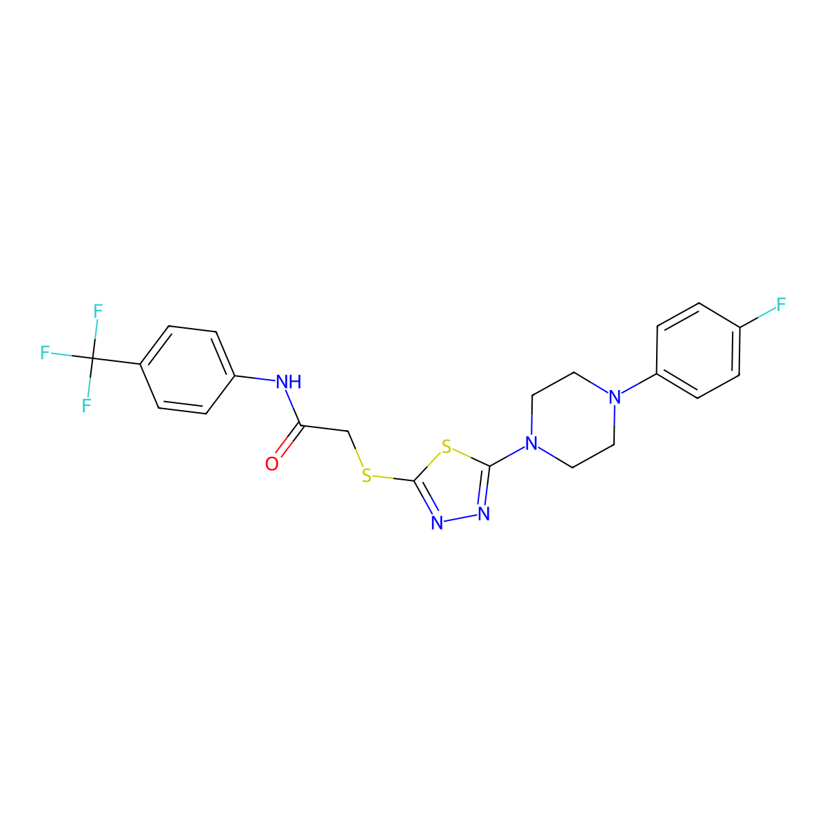 2-((5-(4-(4-fluorophenyl)piperazin-1-yl)-1,3,4-thiadiazol-2-yl)thio)-N-(4-(trifluoromethyl)phenyl)acetamide molecular structure, CAS 1105221-80-4