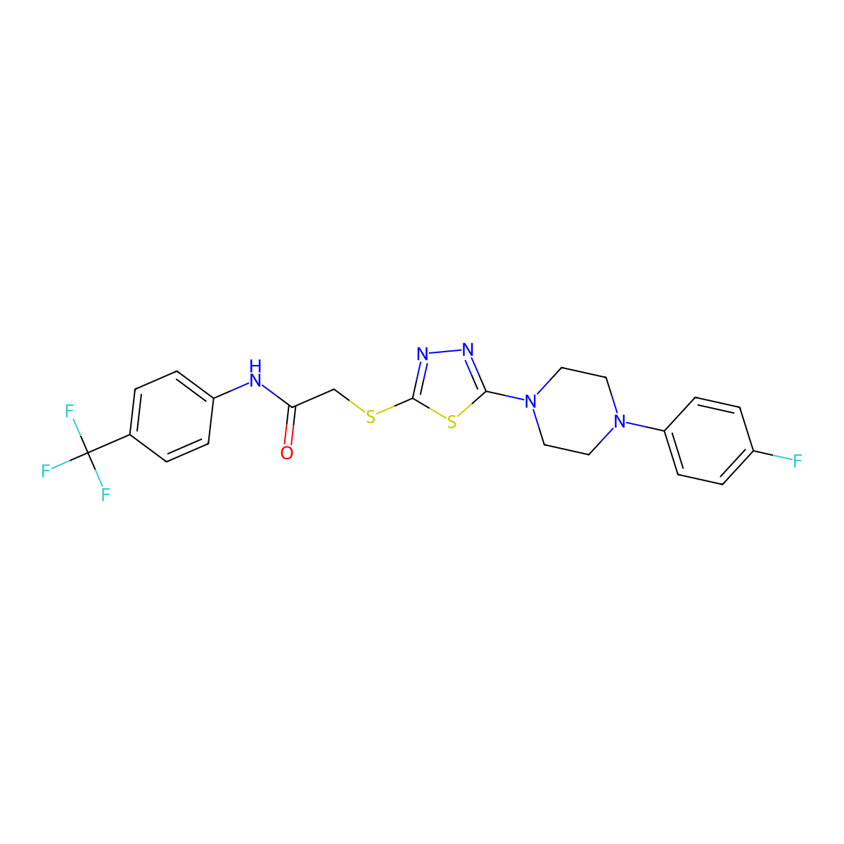 2-((5-(4-(4-fluorophenyl)piperazin-1-yl)-1,3,4-thiadiazol-2-yl)thio)-N-(4-(trifluoromethyl)phenyl)acetamide molecular structure, CAS 1105221-80-4