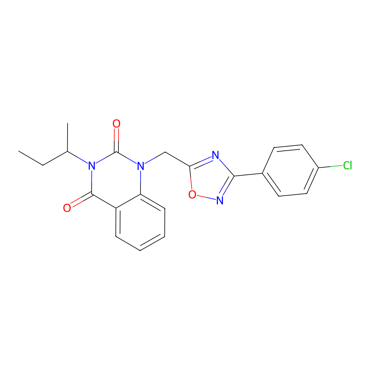 3-(sec-butyl)-1-((3-(4-chlorophenyl)-1,2,4-oxadiazol-5-yl)methyl)quinazoline-2,4(1H,3H)-dione molecular structure, CAS 1105221-93-9