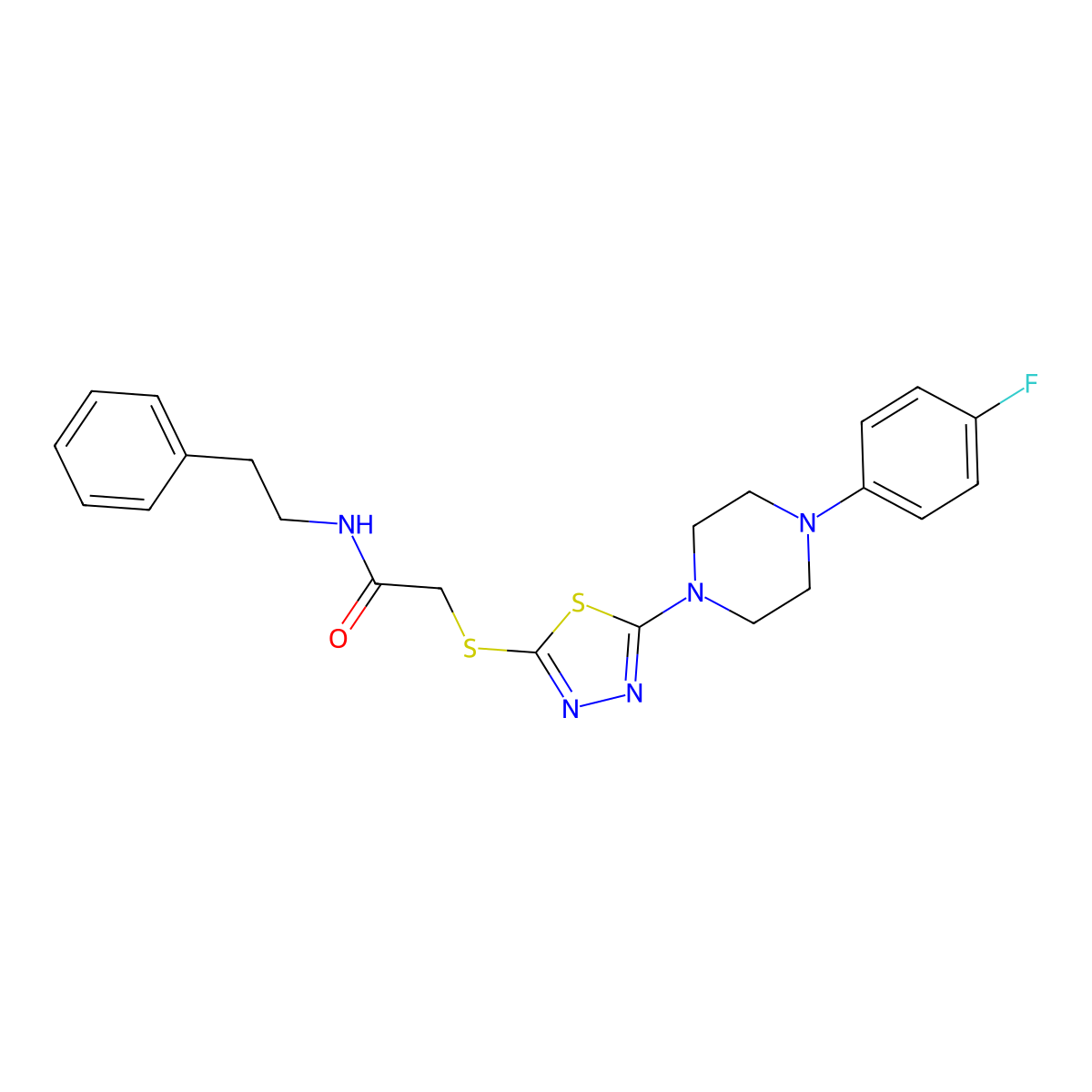 2-((5-(4-(4-fluorophenyl)piperazin-1-yl)-1,3,4-thiadiazol-2-yl)thio)-N-phenethylacetamide molecular structure, CAS 1105222-00-1