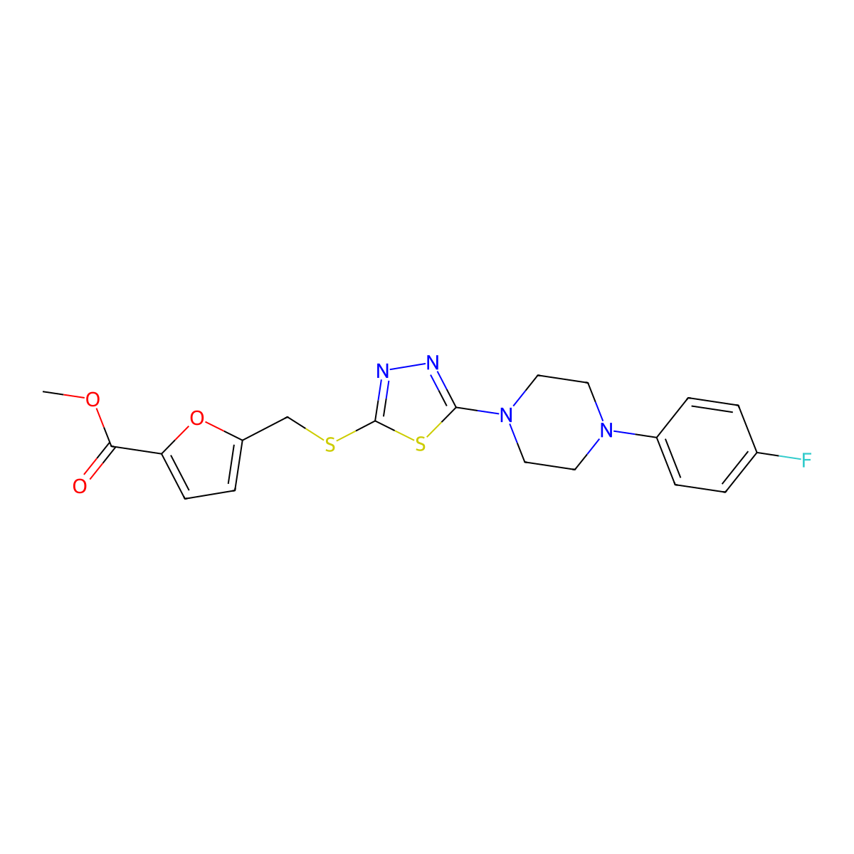 Methyl 5-(((5-(4-(4-fluorophenyl)piperazin-1-yl)-1,3,4-thiadiazol-2-yl)thio)methyl)furan-2-carboxylate molecular structure, CAS 1105222-12-5