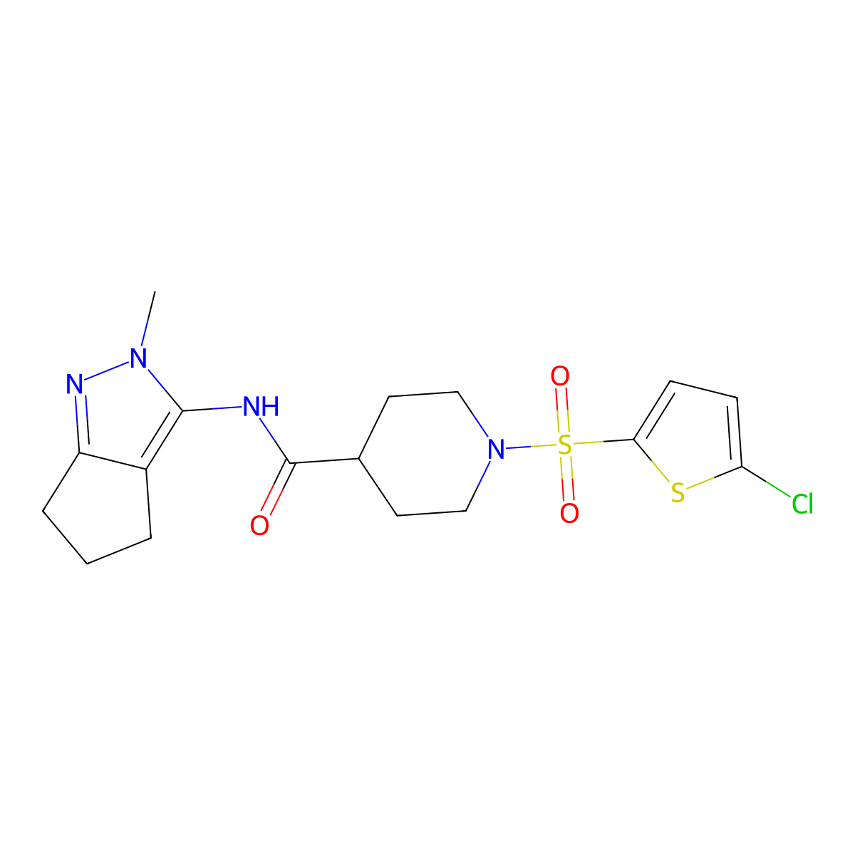 1-((5-chlorothiophen-2-yl)sulfonyl)-N-(2-methyl-2,4,5,6-tetrahydrocyclopenta[c]pyrazol-3-yl)piperidine-4-carboxamide molecular structure, CAS 1105222-13-6