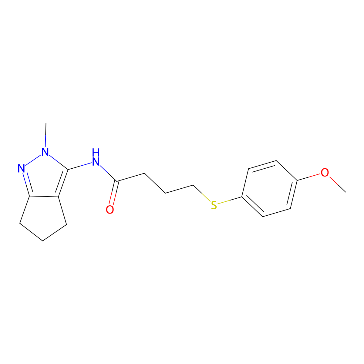 4-((4-methoxyphenyl)thio)-N-(2-methyl-2,4,5,6-tetrahydrocyclopenta[c]pyrazol-3-yl)butanamide molecular structure, CAS 1105222-19-2