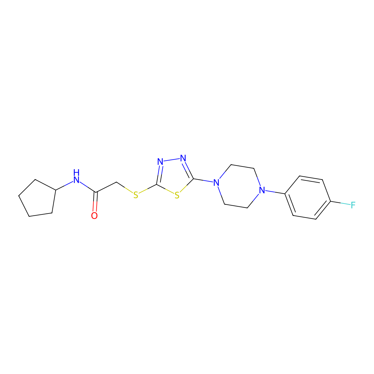 N-cyclopentyl-2-((5-(4-(4-fluorophenyl)piperazin-1-yl)-1,3,4-thiadiazol-2-yl)thio)acetamide molecular structure, CAS 1105222-24-9