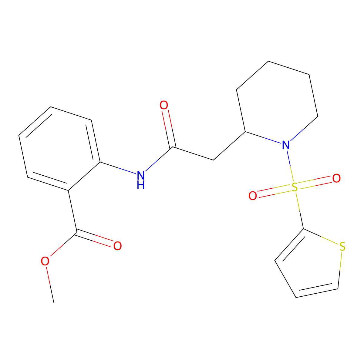 Methyl 2-(2-(1-(thiophen-2-ylsulfonyl)piperidin-2-yl)acetamido)benzoate molecular structure, CAS 1105222-33-0