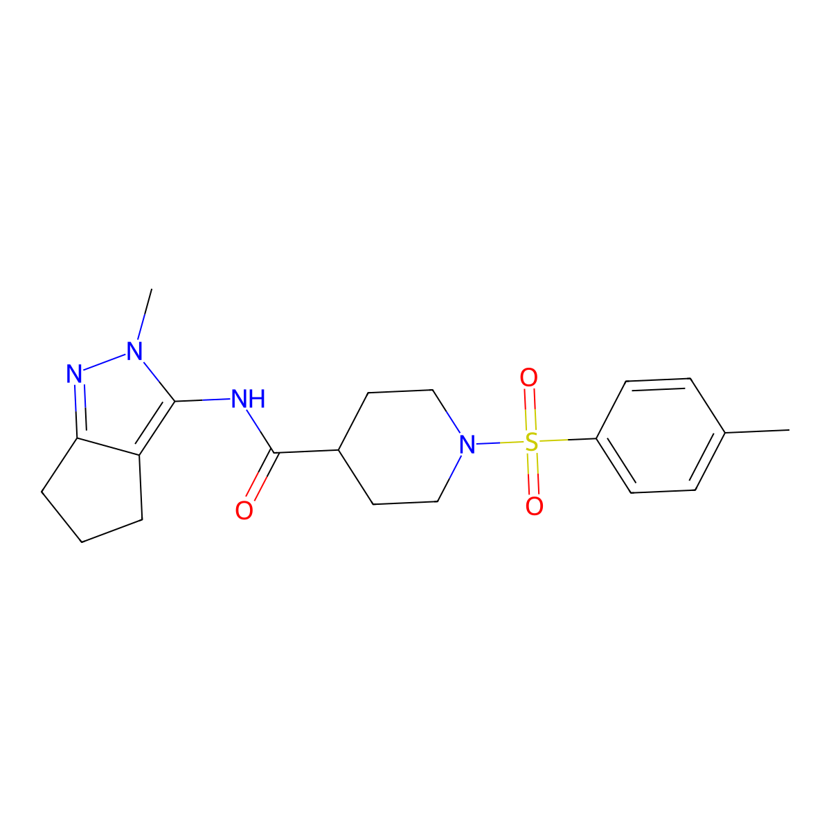 N-(2-methyl-2,4,5,6-tetrahydrocyclopenta[c]pyrazol-3-yl)-1-tosylpiperidine-4-carboxamide molecular structure, CAS 1105222-37-4