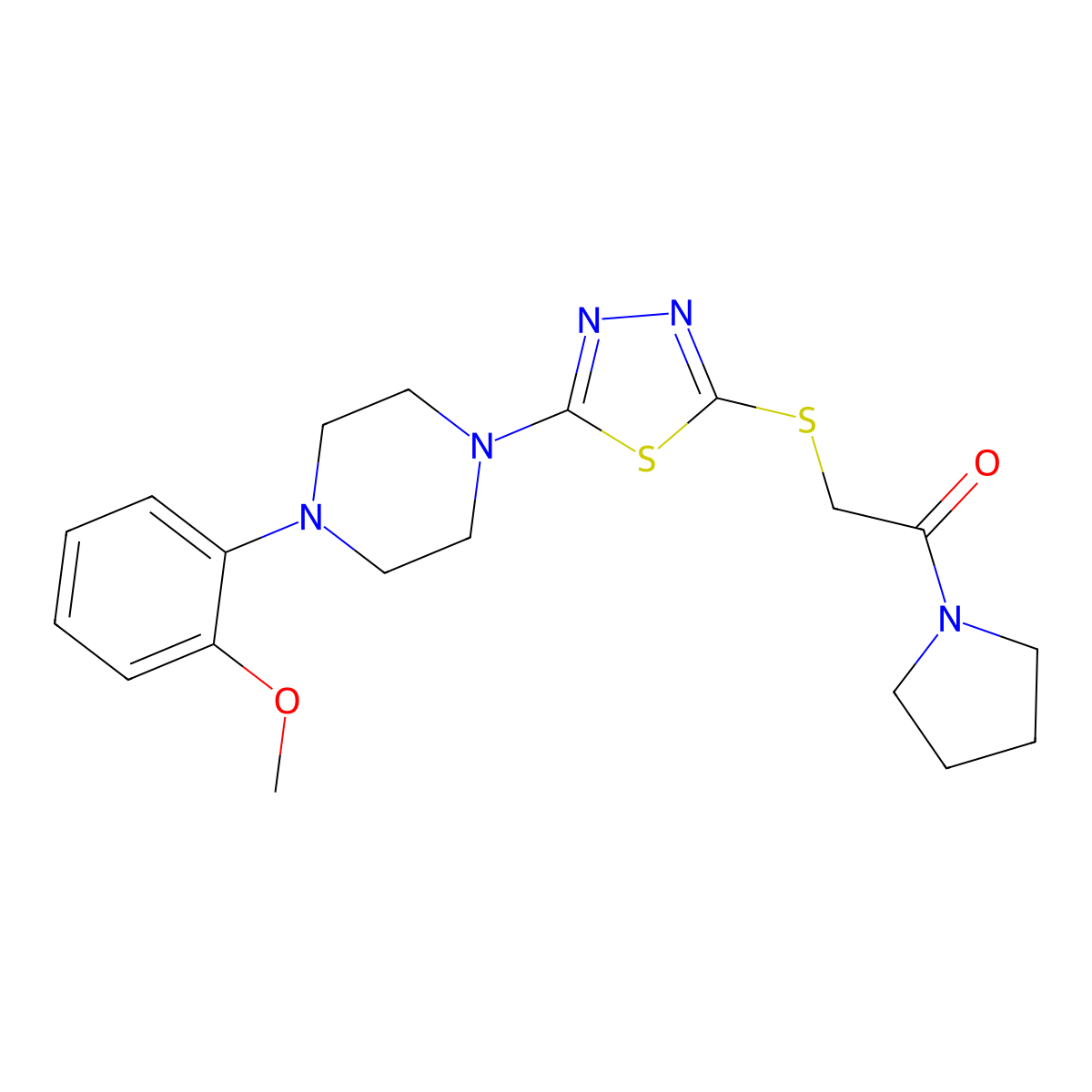 2-((5-(4-(2-Methoxyphenyl)piperazin-1-yl)-1,3,4-thiadiazol-2-yl)thio)-1-(pyrrolidin-1-yl)ethanone molecular structure, CAS 1105222-48-7