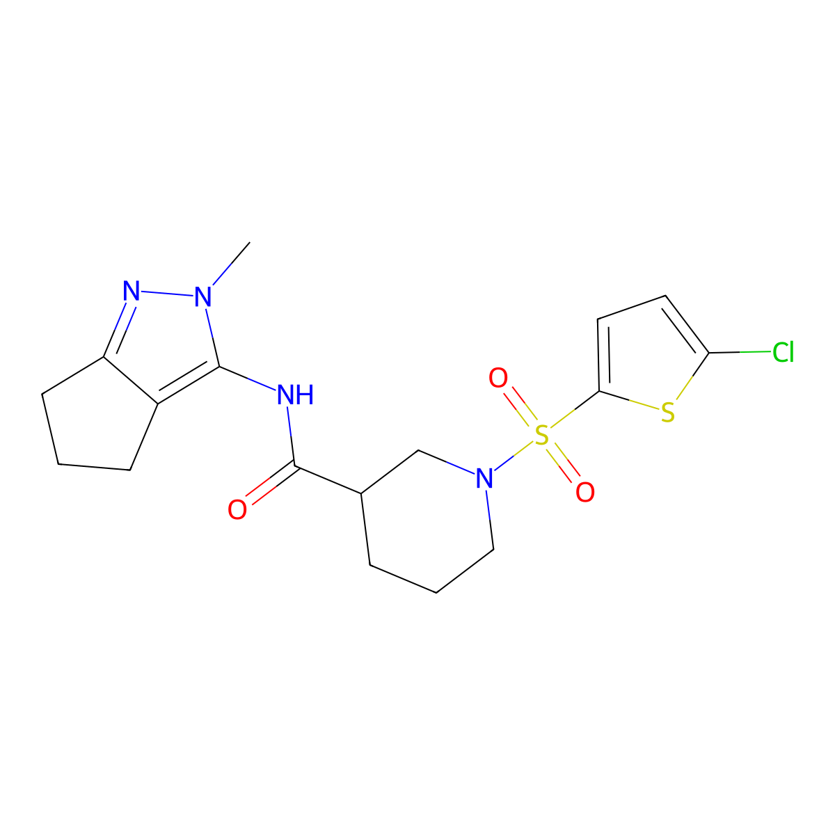 1-((5-chlorothiophen-2-yl)sulfonyl)-N-(2-methyl-2,4,5,6-tetrahydrocyclopenta[c]pyrazol-3-yl)piperidine-3-carboxamide molecular structure, CAS 1105222-49-8