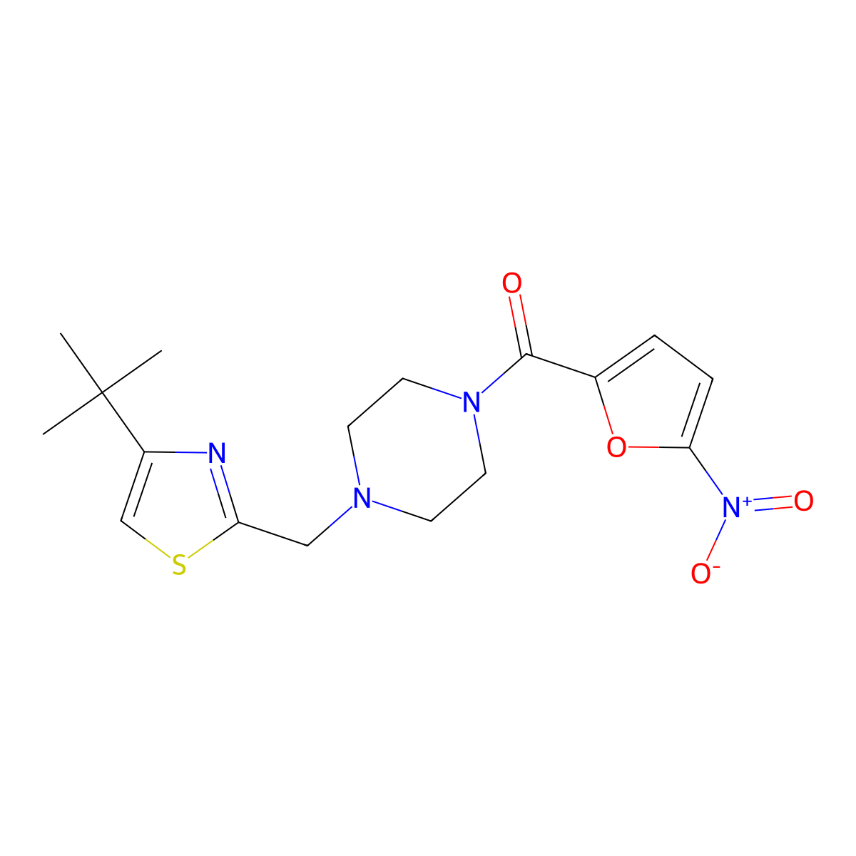 (4-((4-(Tert-butyl)thiazol-2-yl)methyl)piperazin-1-yl)(5-nitrofuran-2-yl)methanone molecular structure, CAS 1105222-58-9