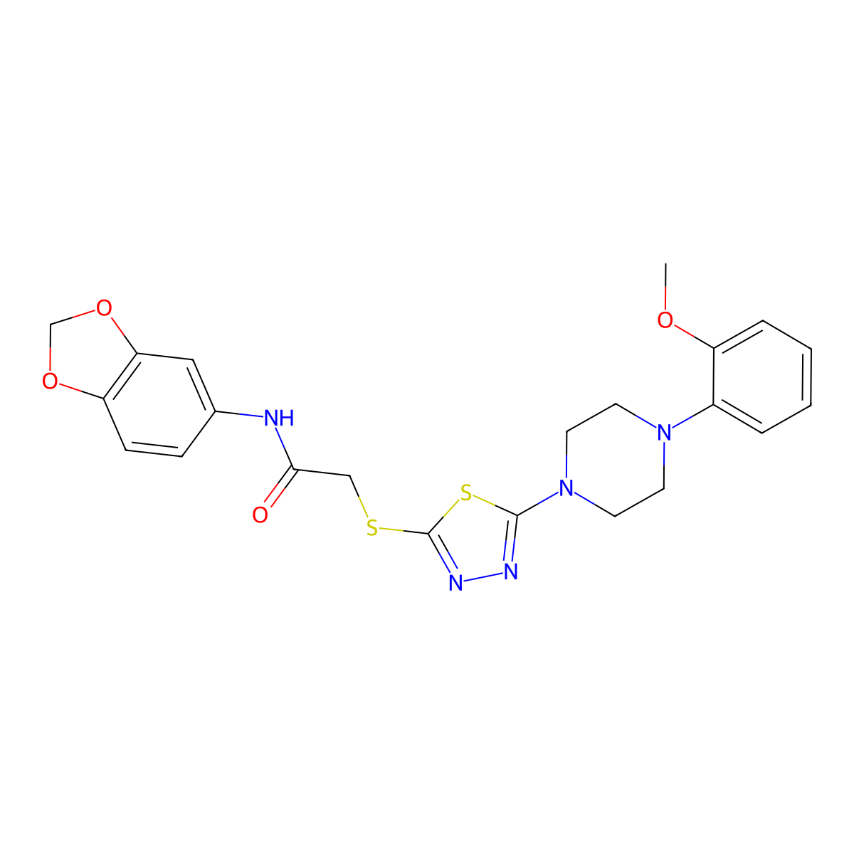N-(benzo[d][1,3]dioxol-5-yl)-2-((5-(4-(2-methoxyphenyl)piperazin-1-yl)-1,3,4-thiadiazol-2-yl)thio)acetamide molecular structure, CAS 1105222-60-3