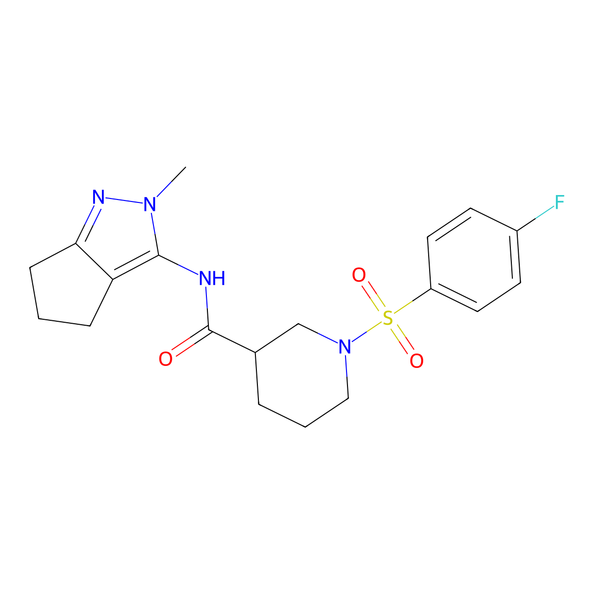 1-((4-fluorophenyl)sulfonyl)-N-(2-methyl-2,4,5,6-tetrahydrocyclopenta[c]pyrazol-3-yl)piperidine-3-carboxamide molecular structure, CAS 1105222-79-4