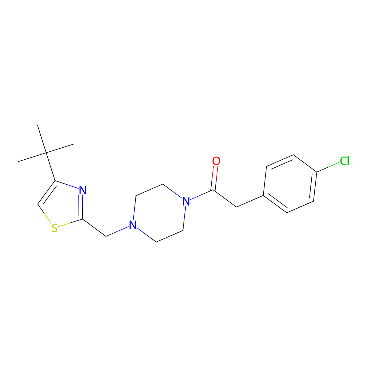 1-(4-((4-(Tert-butyl)thiazol-2-yl)methyl)piperazin-1-yl)-2-(4-chlorophenyl)ethanone molecular structure, CAS 1105222-82-9