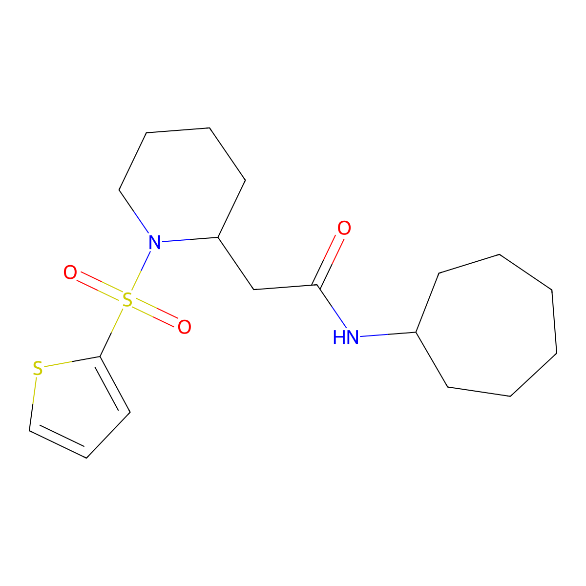 N-cycloheptyl-2-(1-(thiophen-2-ylsulfonyl)piperidin-2-yl)acetamide molecular structure, CAS 1105222-87-4