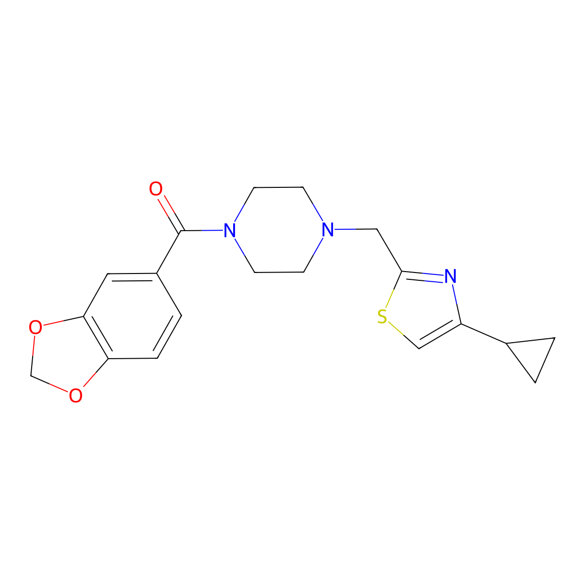 Benzo[d][1,3]dioxol-5-yl(4-((4-cyclopropylthiazol-2-yl)methyl)piperazin-1-yl)methanone molecular structure, CAS 1105223-00-4