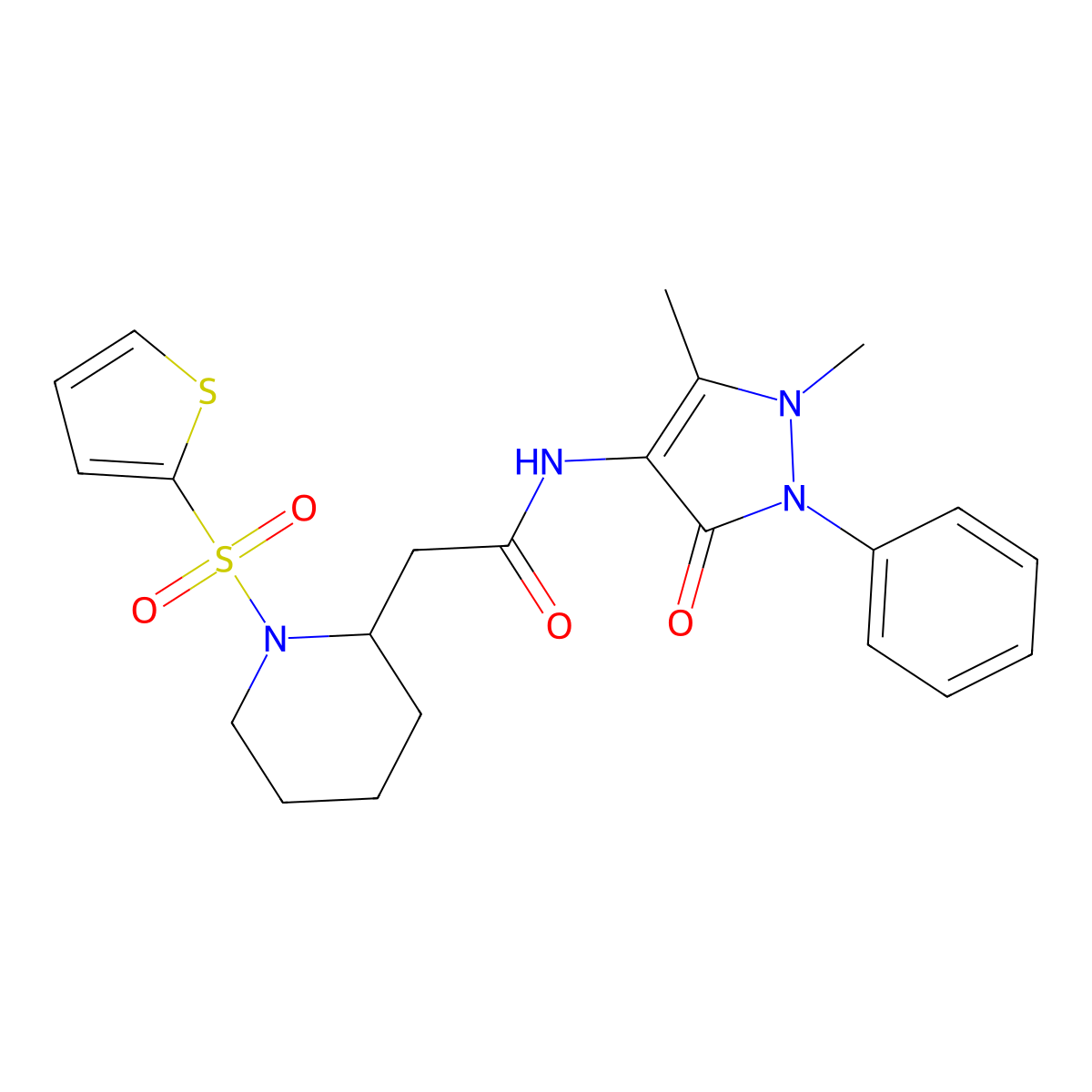 N-(1,5-dimethyl-3-oxo-2-phenyl-2,3-dihydro-1H-pyrazol-4-yl)-2-[1-(thiophene-2-sulfonyl)piperidin-2-yl]acetamide molecular structure, CAS 1105223-09-3
