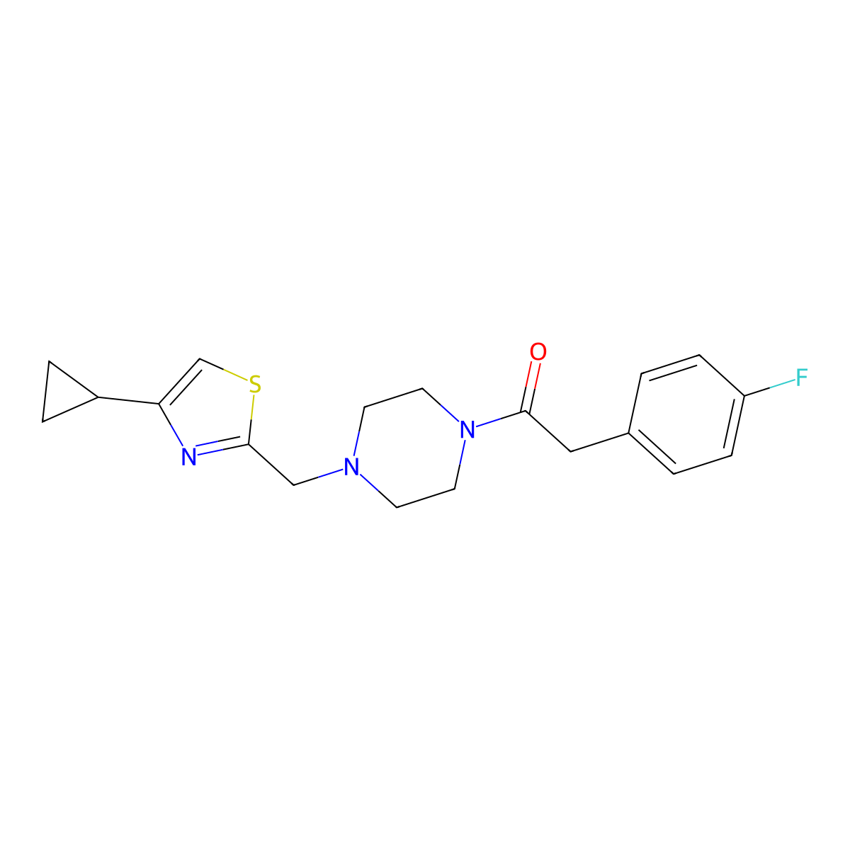 1-(4-((4-Cyclopropylthiazol-2-yl)methyl)piperazin-1-yl)-2-(4-fluorophenyl)ethanone molecular structure, CAS 1105223-15-1