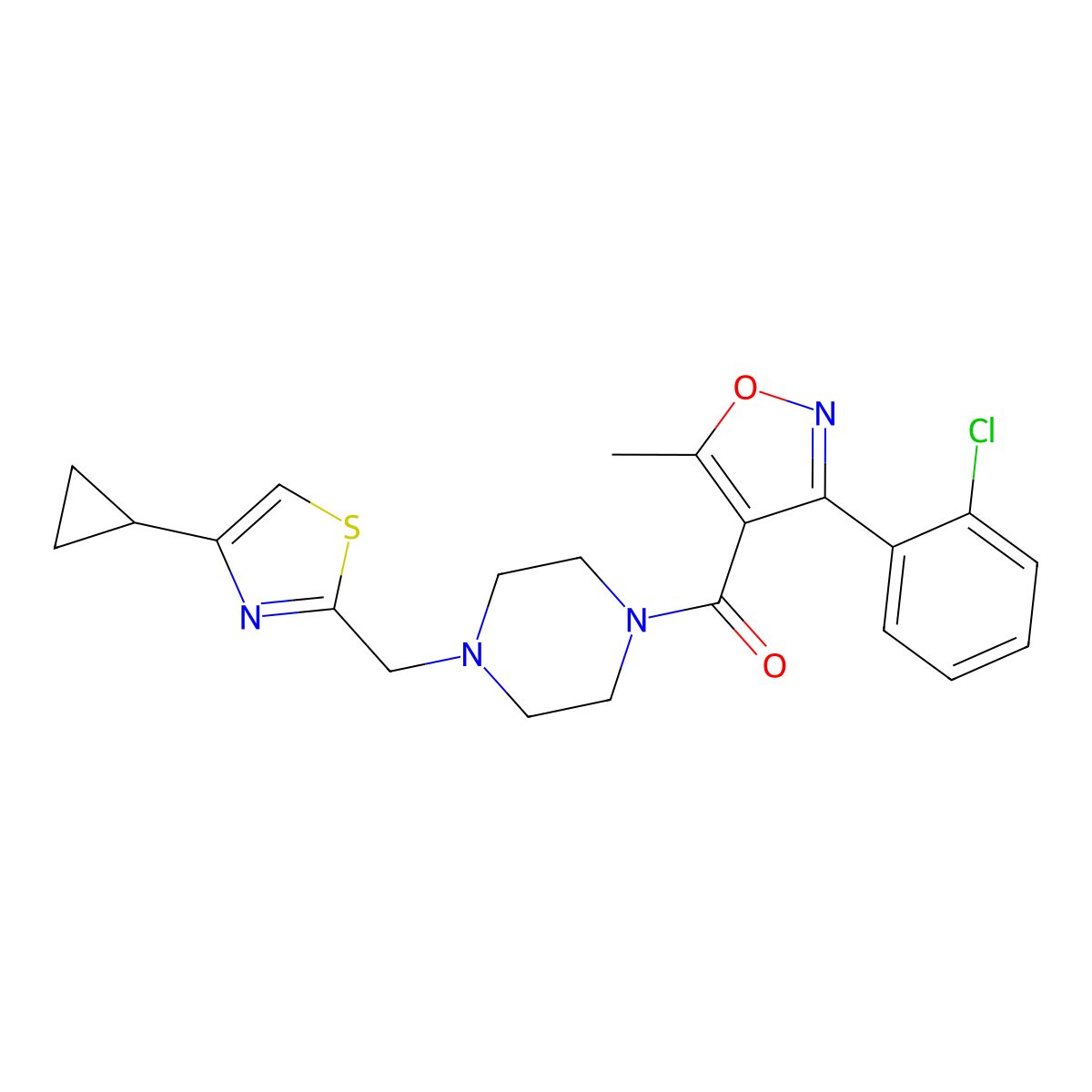 (3-(2-Chlorophenyl)-5-methylisoxazol-4-yl)(4-((4-cyclopropylthiazol-2-yl)methyl)piperazin-1-yl)methanone molecular structure, CAS 1105223-30-0
