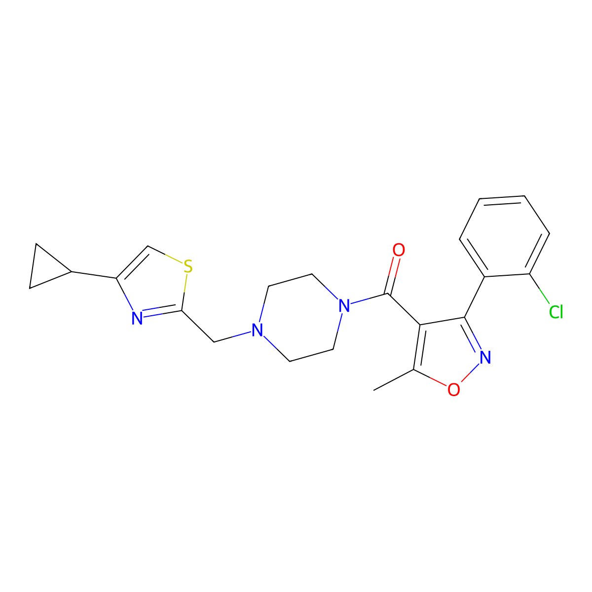 (3-(2-Chlorophenyl)-5-methylisoxazol-4-yl)(4-((4-cyclopropylthiazol-2-yl)methyl)piperazin-1-yl)methanone molecular structure, CAS 1105223-30-0