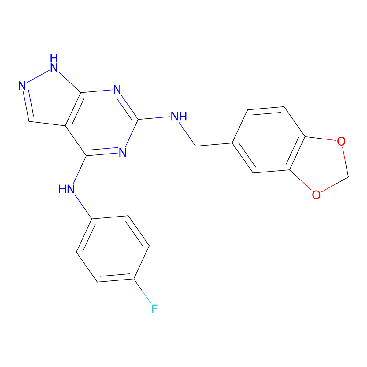 N~6~-(1,3-benzodioxol-5-ylmethyl)-N~4~-(4-fluorophenyl)-1H-pyrazolo[3,4-d]pyrimidine-4,6-diamine molecular structure, CAS 1105223-58-2