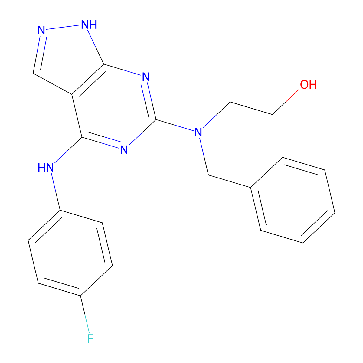 2-(benzyl(4-((4-fluorophenyl)amino)-1H-pyrazolo[3,4-d]pyrimidin-6-yl)amino)ethanol molecular structure, CAS 1105223-64-0