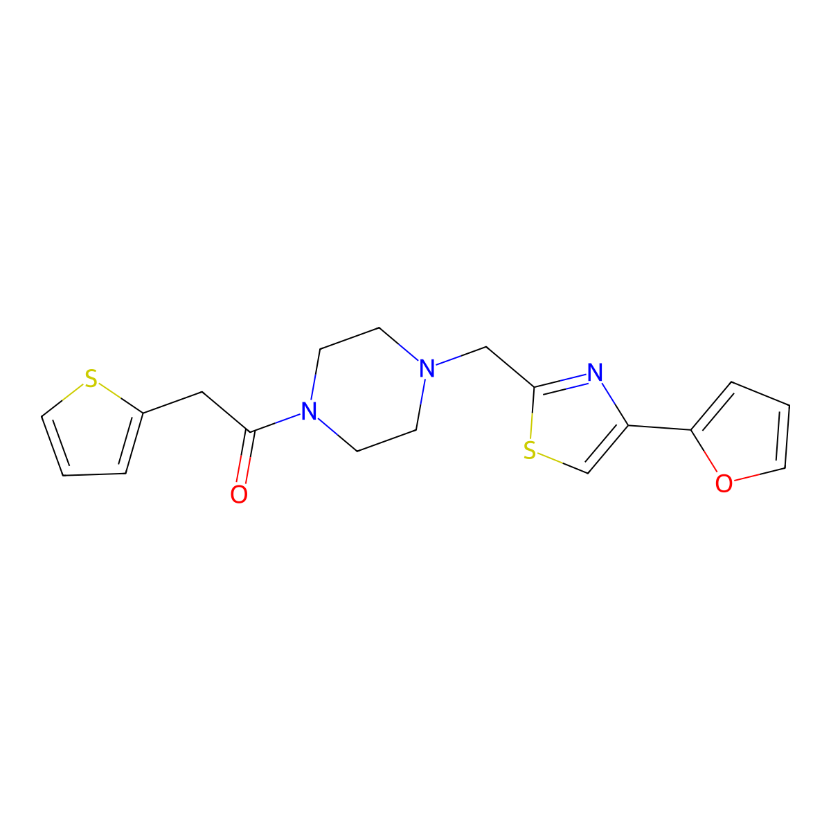 1-(4-((4-(Furan-2-yl)thiazol-2-yl)methyl)piperazin-1-yl)-2-(thiophen-2-yl)ethanone molecular structure, CAS 1105223-79-7