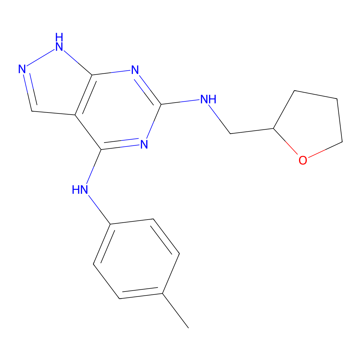 N6-((tetrahydrofuran-2-yl)methyl)-N4-(p-tolyl)-1H-pyrazolo[3,4-d]pyrimidine-4,6-diamine molecular structure, CAS 1105223-82-2