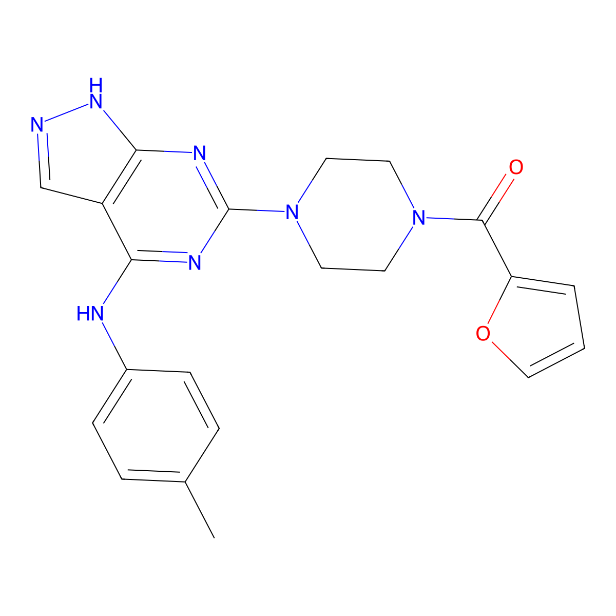 furan-2-yl(4-(4-(p-tolylamino)-1H-pyrazolo[3,4-d]pyrimidin-6-yl)piperazin-1-yl)methanone molecular structure, CAS 1105224-09-6