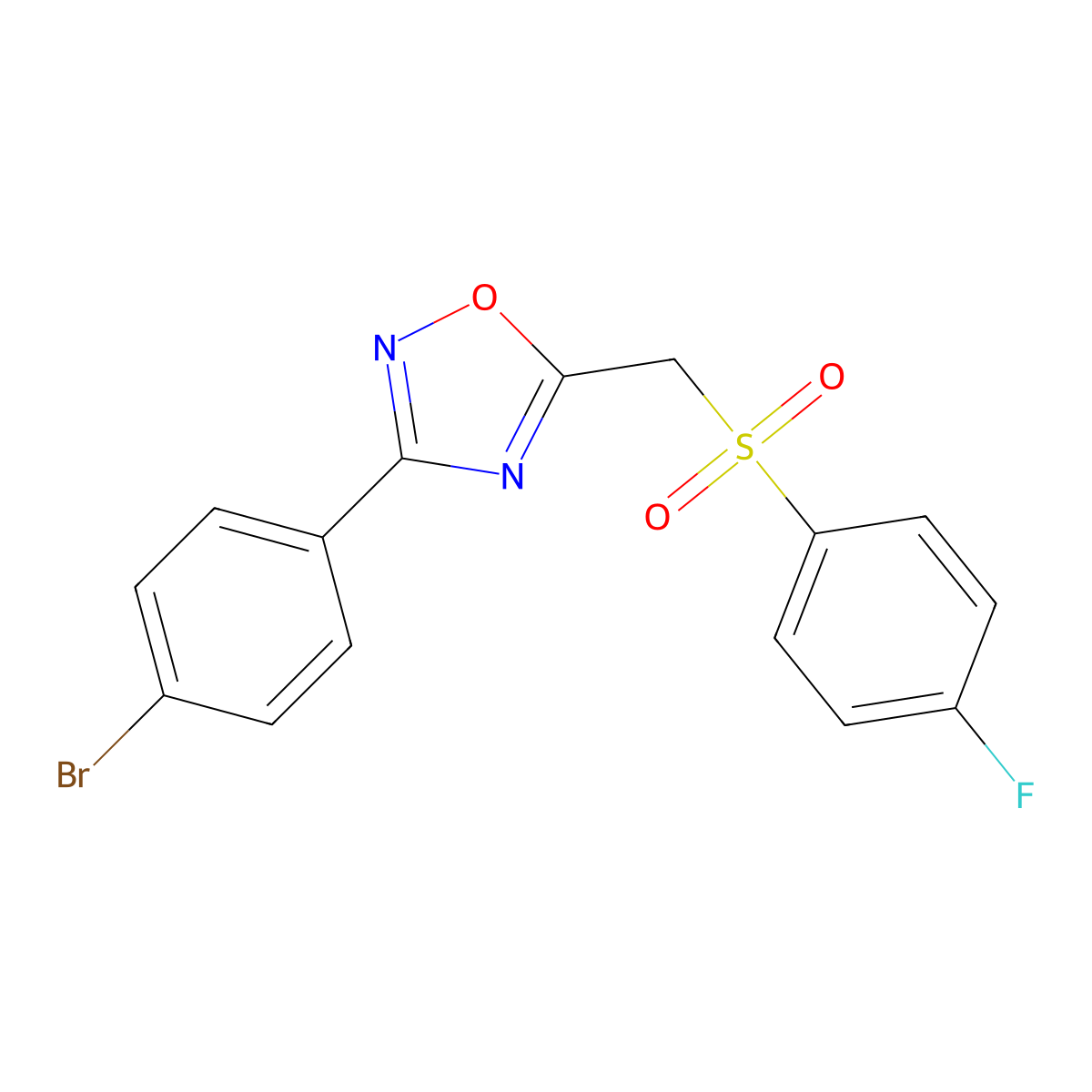 3-(4-Bromophenyl)-5-(((4-fluorophenyl)sulfonyl)methyl)-1,2,4-oxadiazole molecular structure, CAS 1105224-14-3
