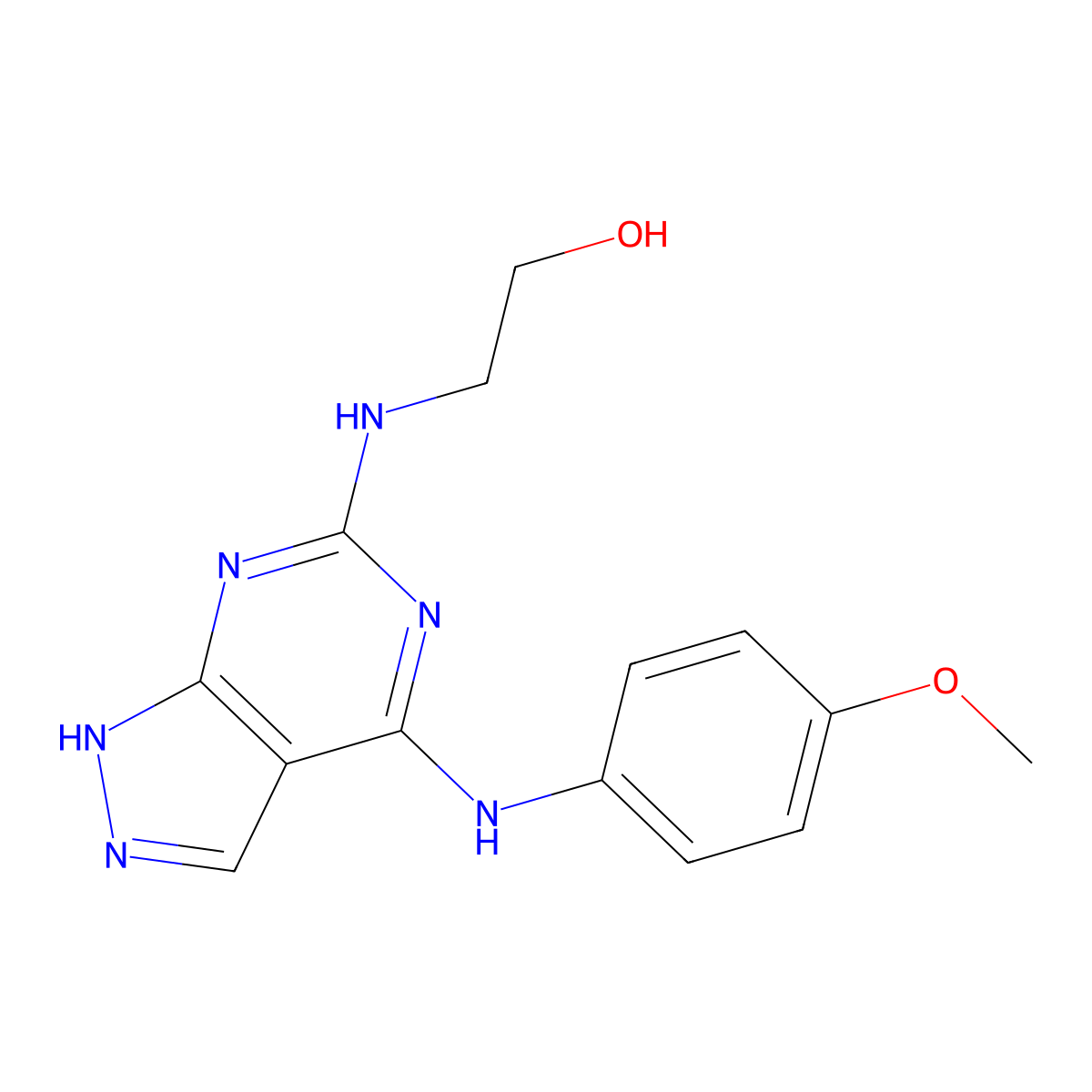 2-((4-((4-methoxyphenyl)amino)-1H-pyrazolo[3,4-d]pyrimidin-6-yl)amino)ethanol molecular structure, CAS 1105224-15-4