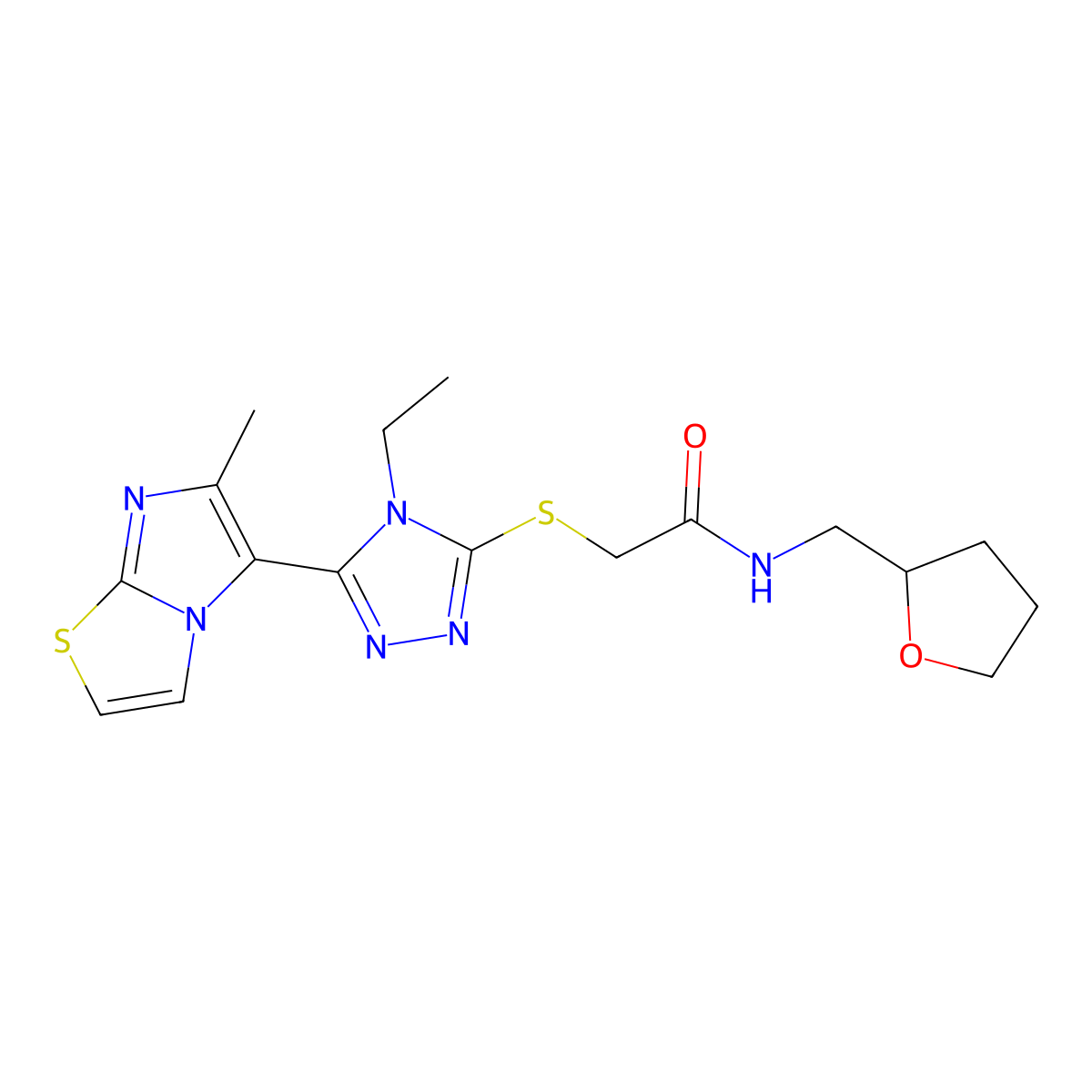 2-((4-ethyl-5-(6-methylimidazo[2,1-b]thiazol-5-yl)-4H-1,2,4-triazol-3-yl)thio)-N-((tetrahydrofuran-2-yl)methyl)acetamide molecular structure, CAS 1105224-31-4