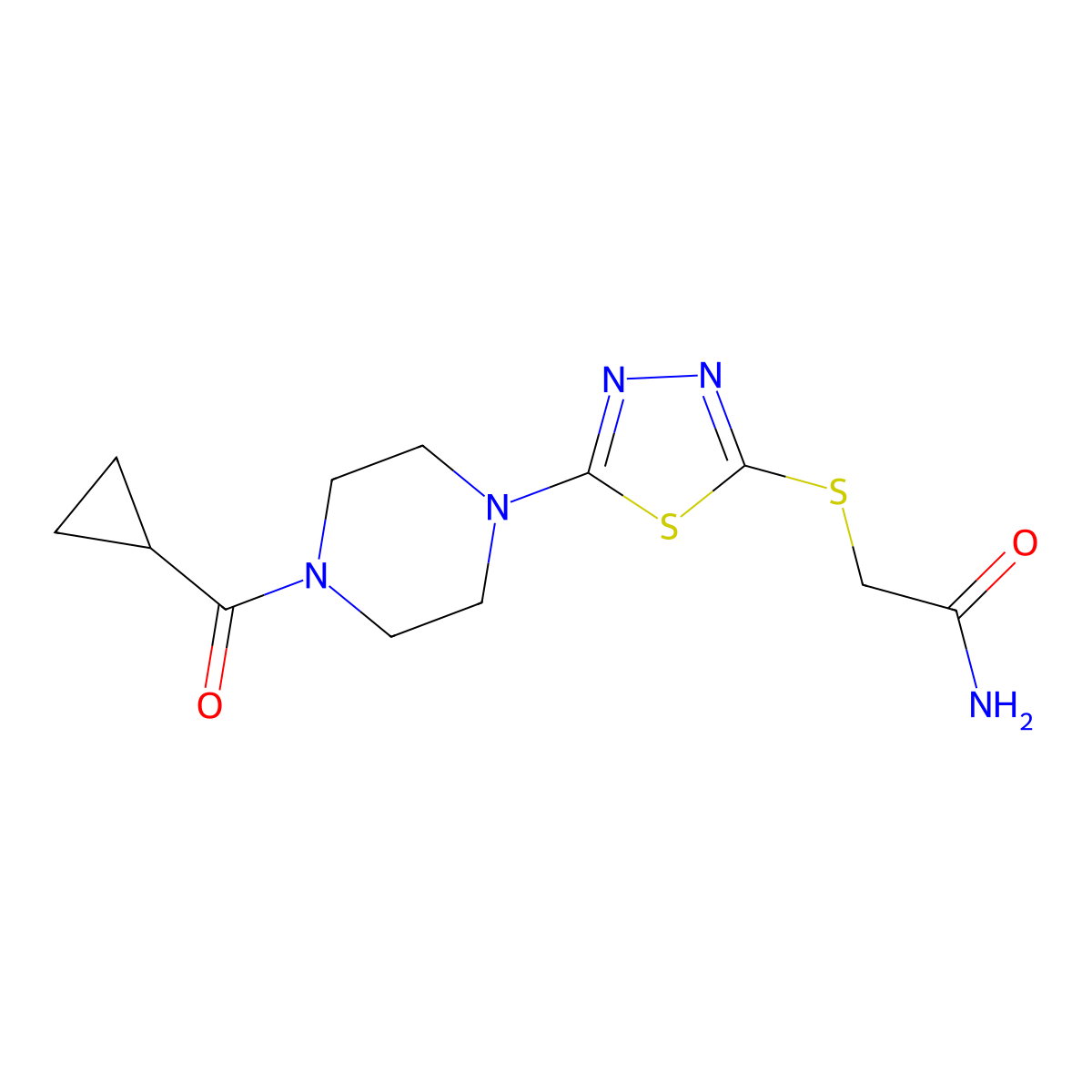 2-((5-(4-(Cyclopropanecarbonyl)piperazin-1-yl)-1,3,4-thiadiazol-2-yl)thio)acetamide molecular structure, CAS 1105224-41-6