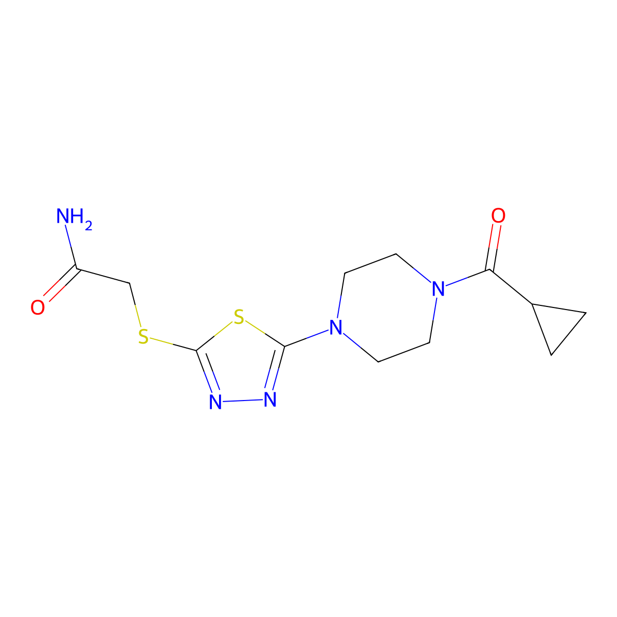 2-((5-(4-(Cyclopropanecarbonyl)piperazin-1-yl)-1,3,4-thiadiazol-2-yl)thio)acetamide molecular structure, CAS 1105224-41-6