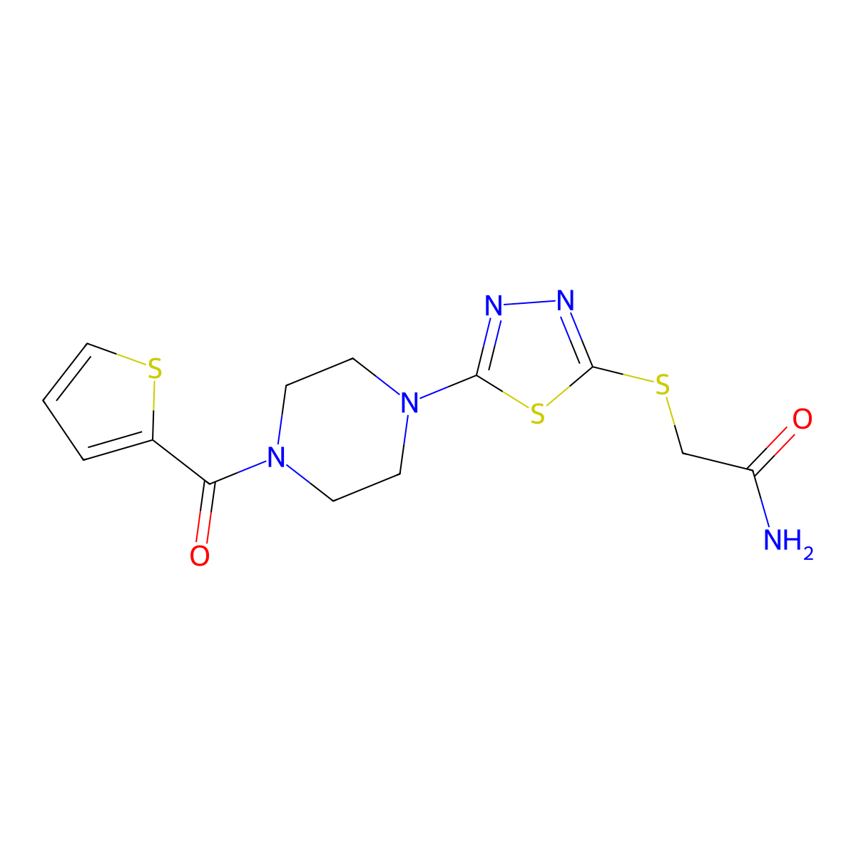 2-((5-(4-(Thiophene-2-carbonyl)piperazin-1-yl)-1,3,4-thiadiazol-2-yl)thio)acetamide molecular structure, CAS 1105224-59-6