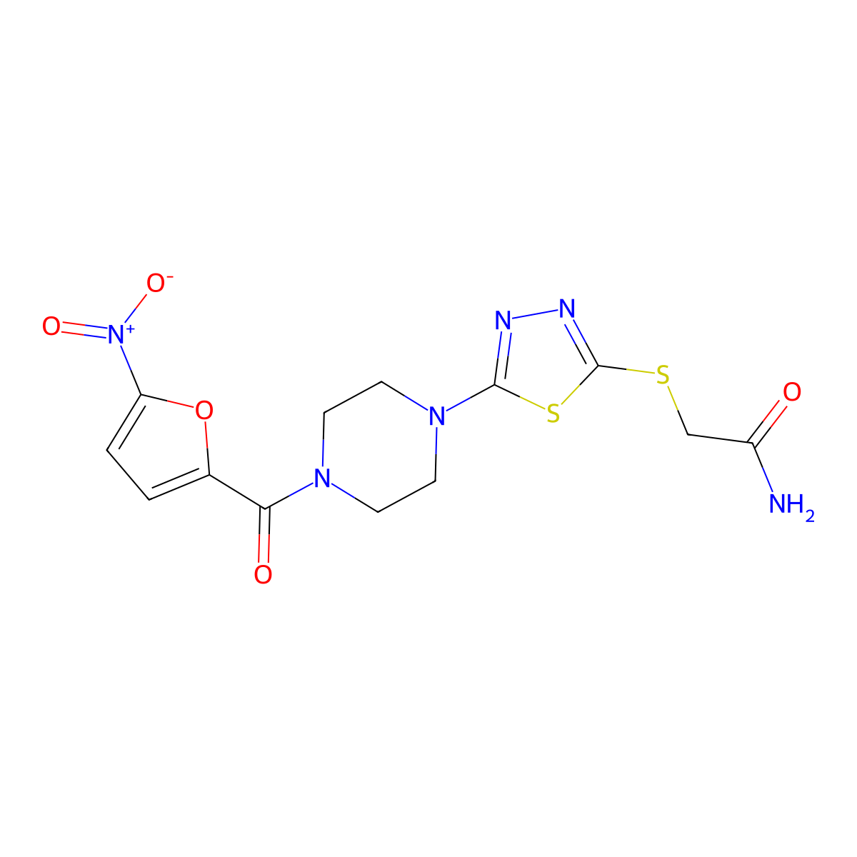 2-((5-(4-(5-Nitrofuran-2-carbonyl)piperazin-1-yl)-1,3,4-thiadiazol-2-yl)thio)acetamide molecular structure, CAS 1105224-63-2