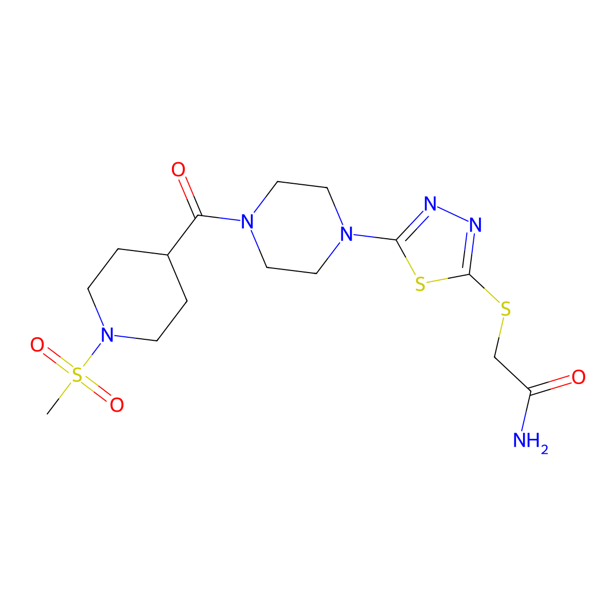 2-((5-(4-(1-(Methylsulfonyl)piperidine-4-carbonyl)piperazin-1-yl)-1,3,4-thiadiazol-2-yl)thio)acetamide molecular structure, CAS 1105224-73-4
