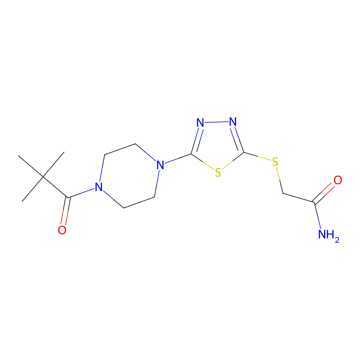 2-((5-(4-Pivaloylpiperazin-1-yl)-1,3,4-thiadiazol-2-yl)thio)acetamide molecular structure, CAS 1105224-78-9