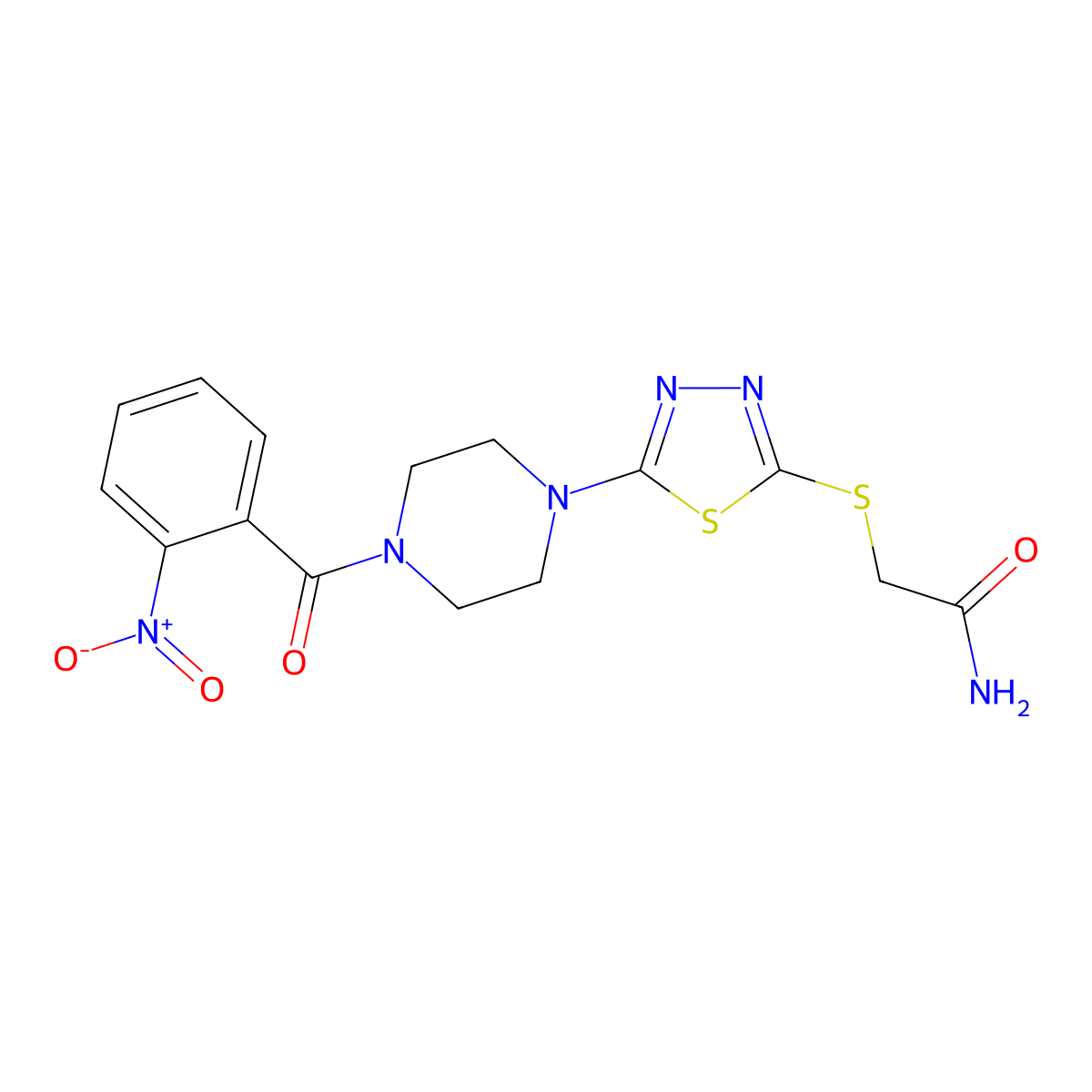 2-((5-(4-(2-Nitrobenzoyl)piperazin-1-yl)-1,3,4-thiadiazol-2-yl)thio)acetamide molecular structure, CAS 1105224-88-1