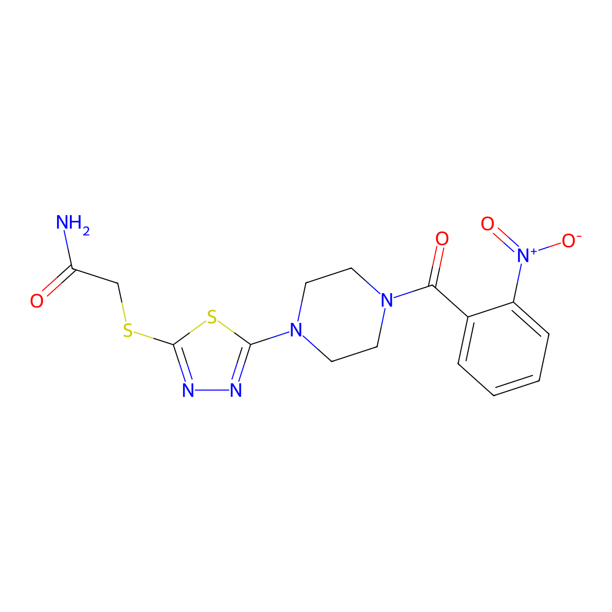 2-((5-(4-(2-Nitrobenzoyl)piperazin-1-yl)-1,3,4-thiadiazol-2-yl)thio)acetamide molecular structure, CAS 1105224-88-1