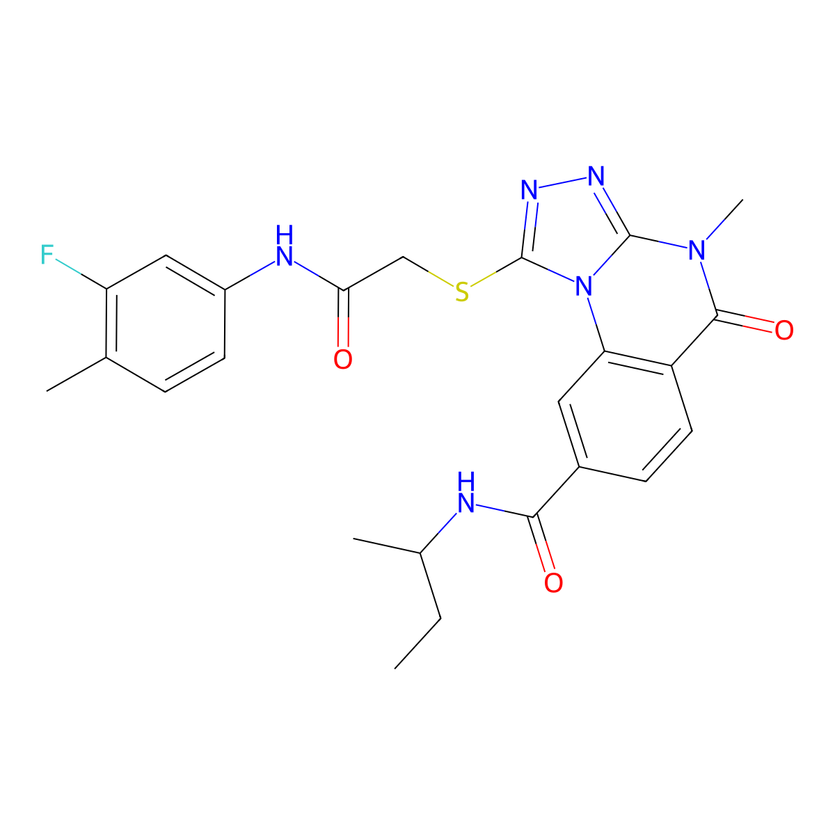 N-(butan-2-yl)-1-({[(3-fluoro-4-methylphenyl)carbamoyl]methyl}sulfanyl)-4-methyl-5-oxo-4H,5H-[1,2,4]triazolo[4,3-a]quinazoline-8-carboxamide molecular structure, CAS 1105225-00-0